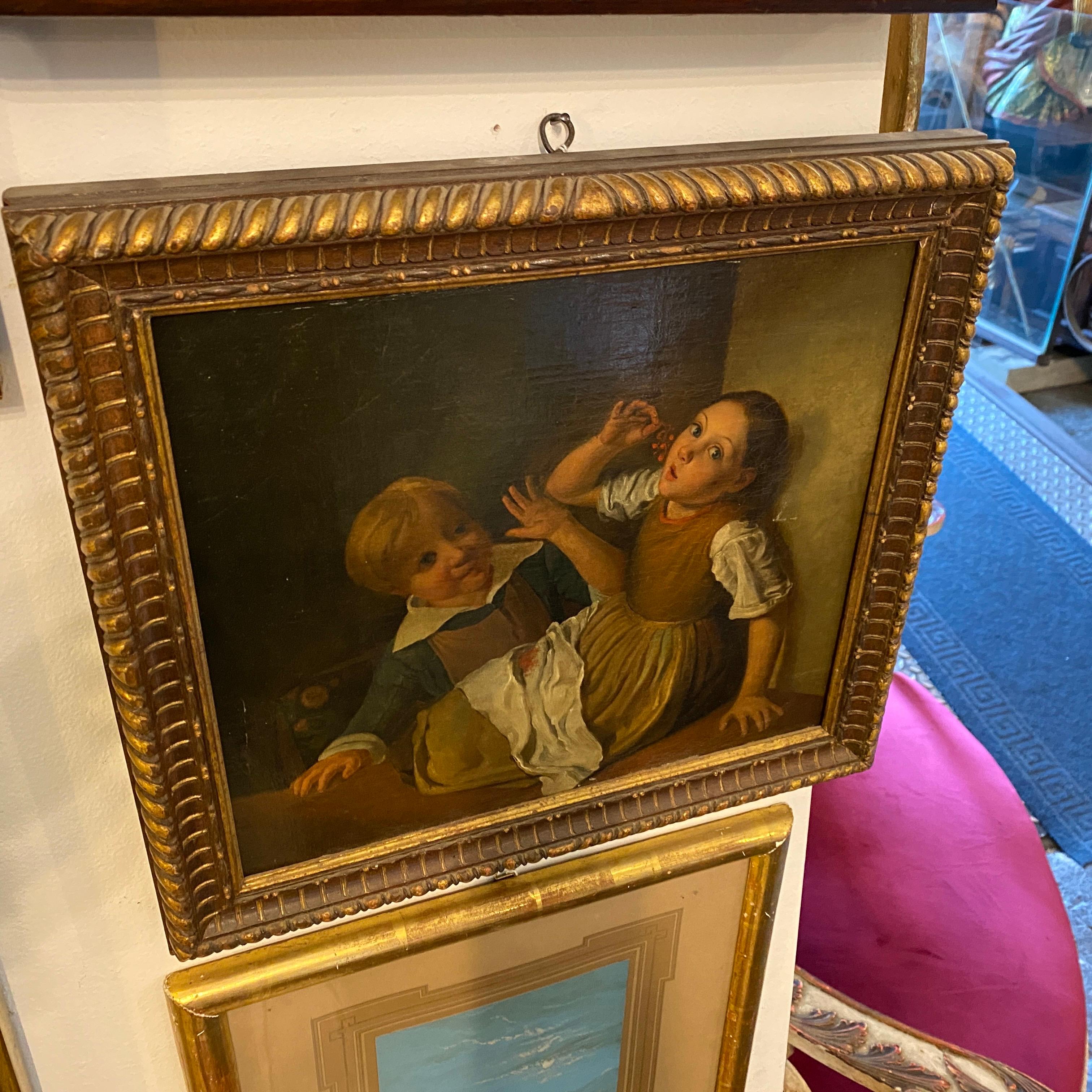 Mid-19th Century Giltwood Framed Painting Depicting Two Childs Eating Grape 2