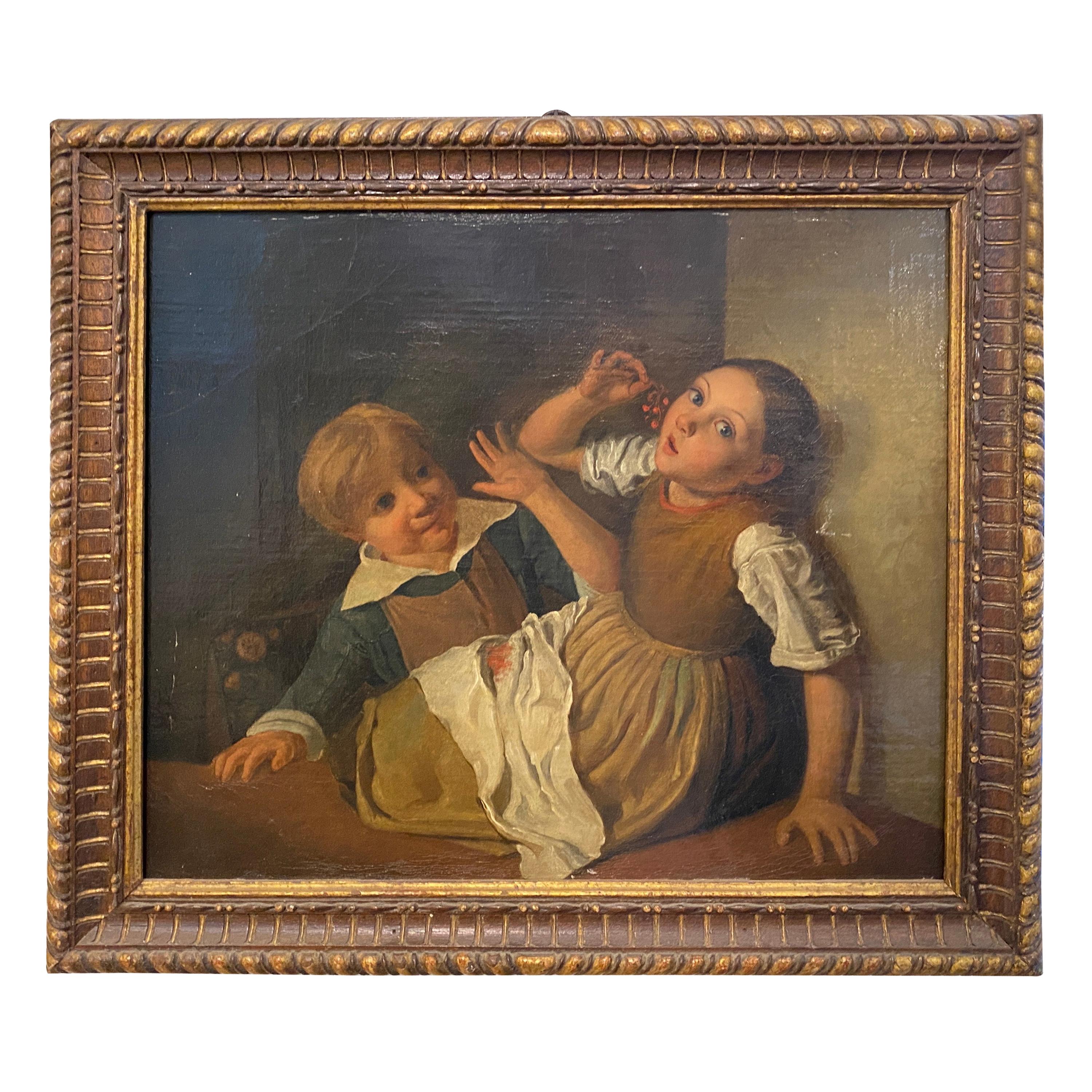 Mid-19th Century Giltwood Framed Painting Depicting Two Childs Eating Grape