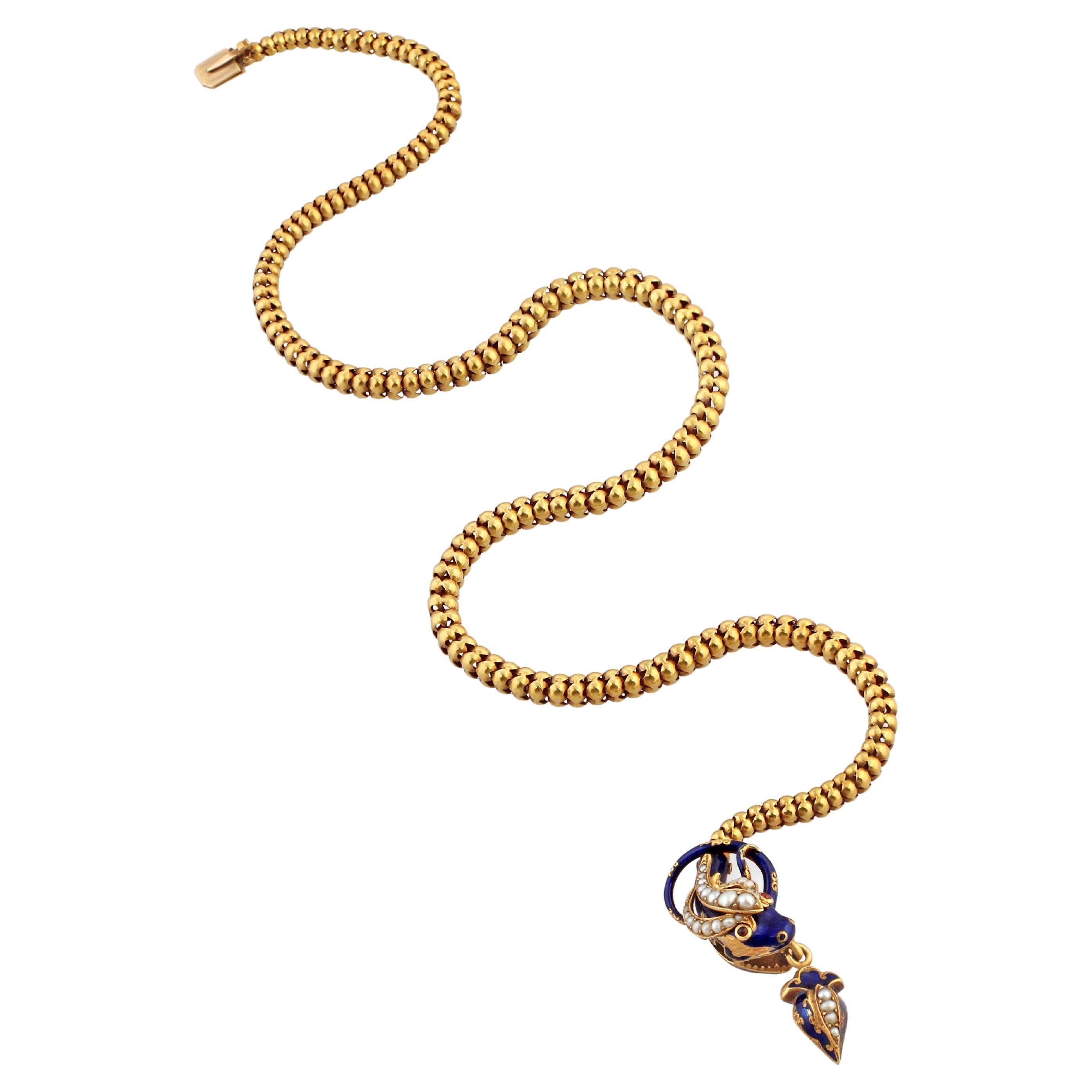 A Mid 19th Century Gold & Enamel Snake Necklace For Sale