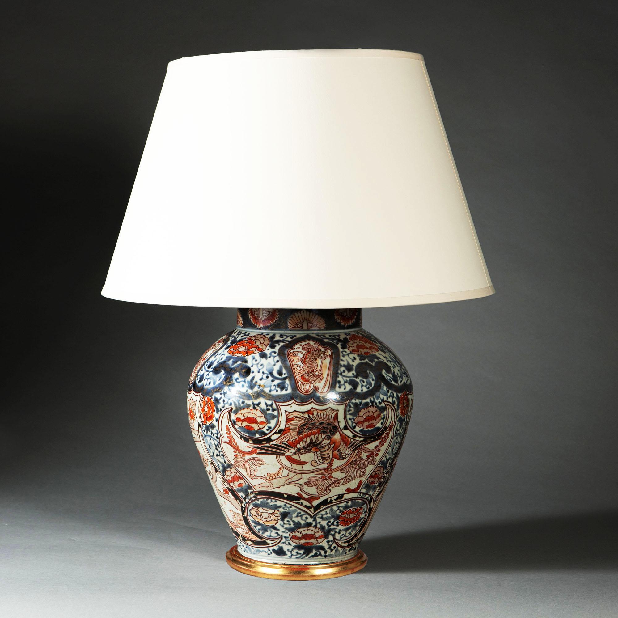 Ceramic Mid-19th Century Imari Vase as a Table Lamp, Mounted with Giltwood Base