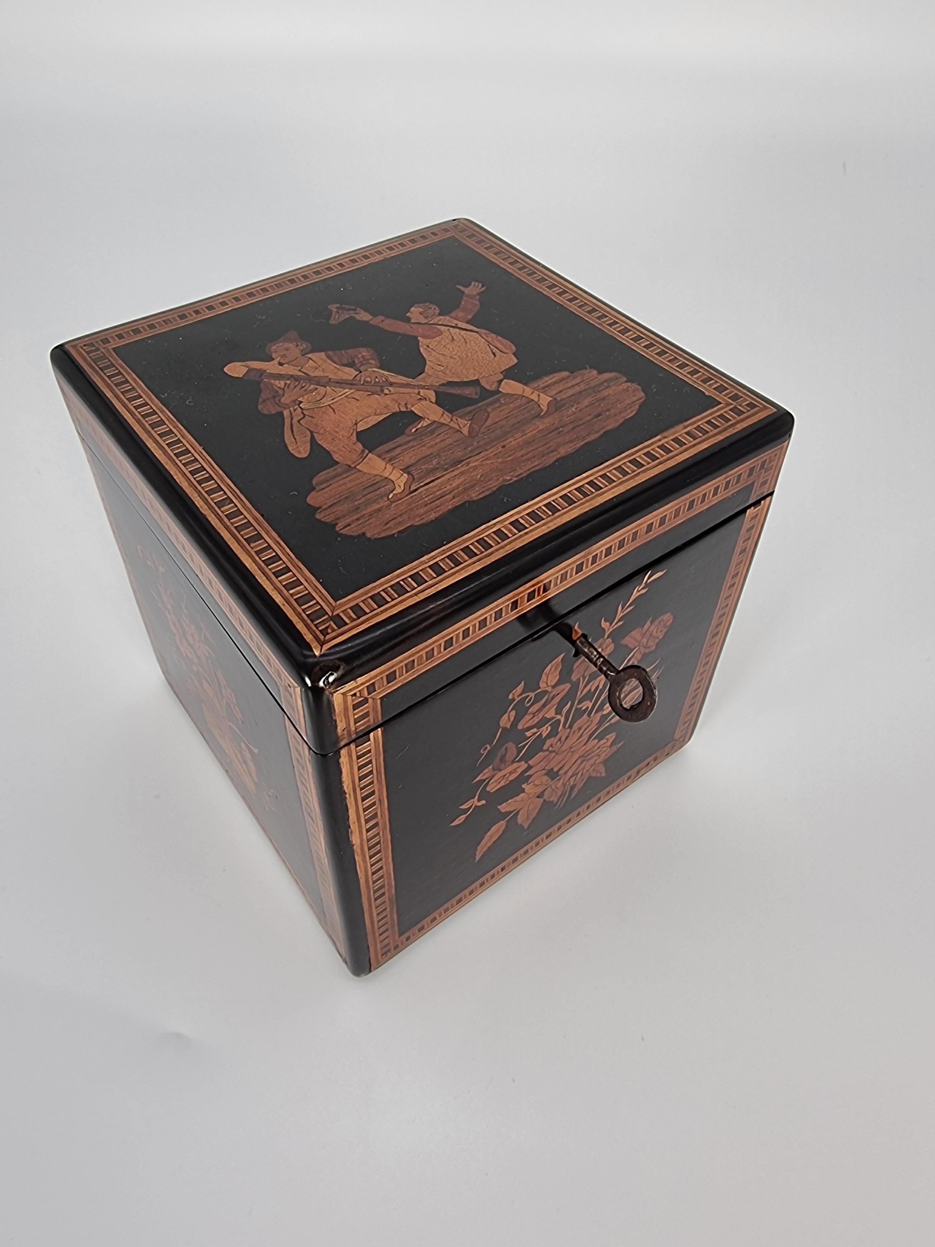 A very fine Italian marquetry box dating to circa 1860 and made in the Sorrento region of Italy where local craftsmen were renowned for making these beautiful fine marquetry objects.

This example is constructed from walnut and veneered in dark