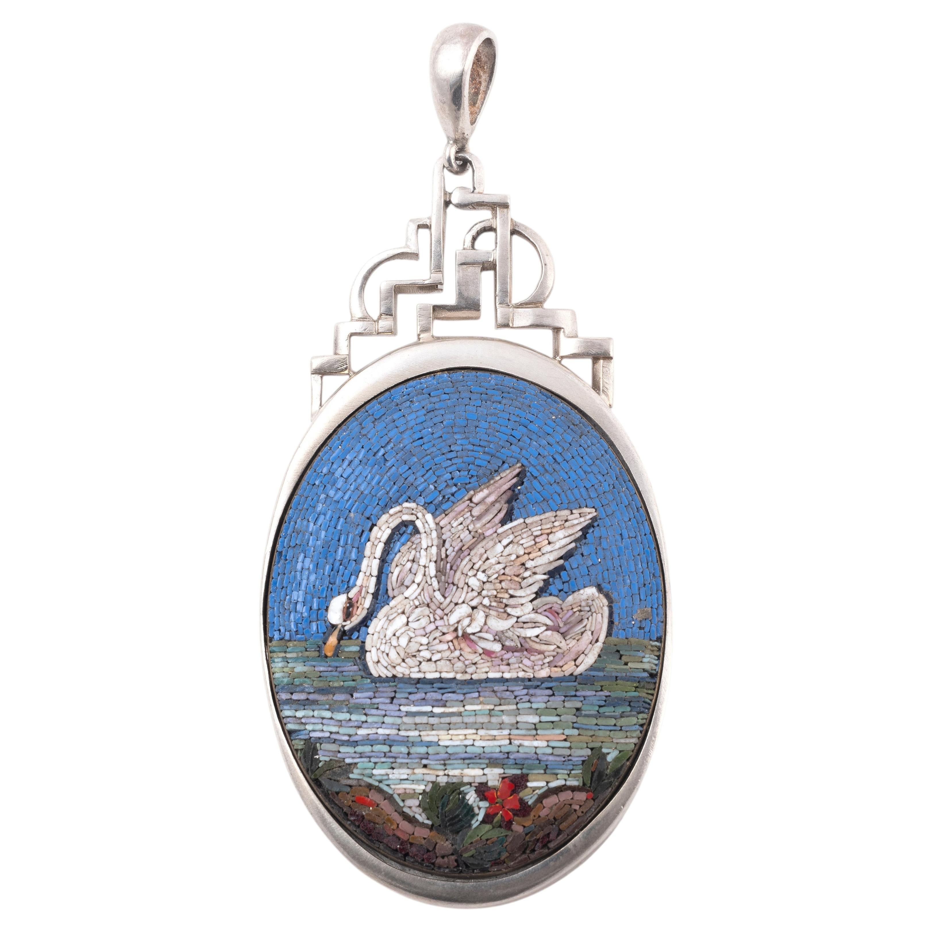 Antique Circa 1870 Sterling Silver Micro-Mosaic Swan Pendant, 7.2cm For Sale