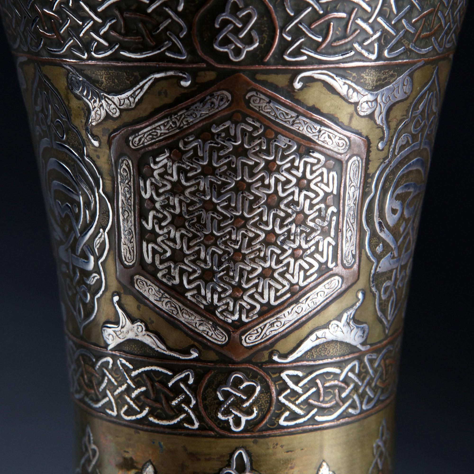 Turkish Mid-19th Century Ottoman Trumpet Vase in Silver, Copper and Brass
