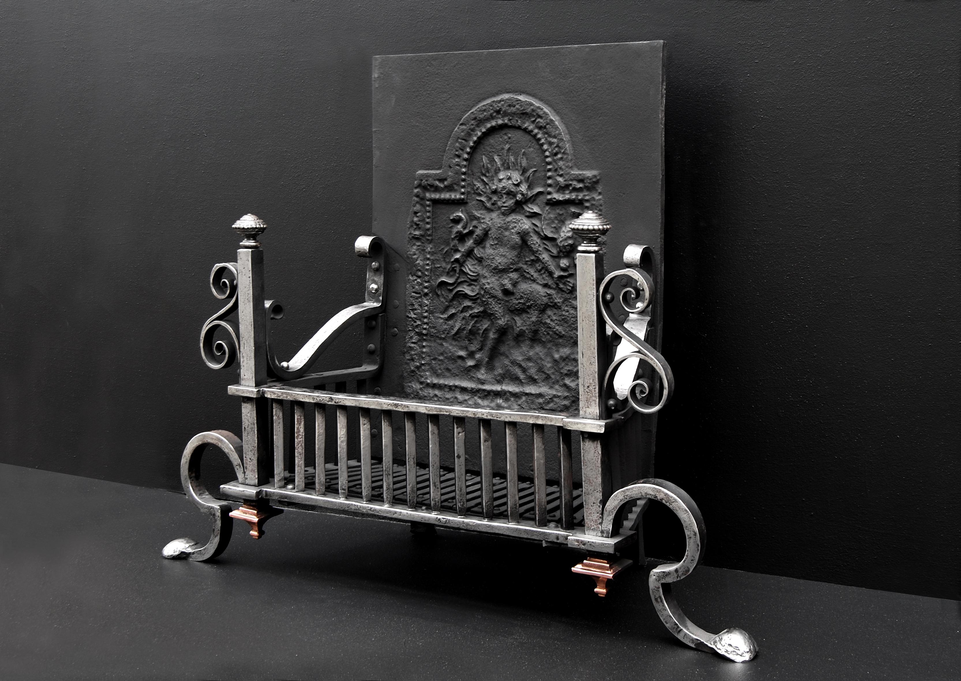 Mid 19th Century Polished Wrought Iron Firegrate with Scrolled Legs For Sale 1