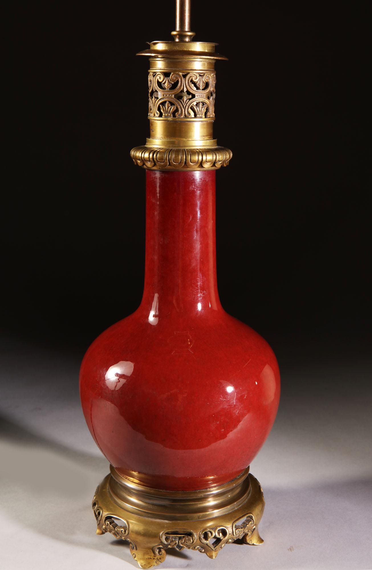 18th Century Mid-19th Century Red Sang De Boeuf Vase as a Table Lamp with Brass Mounts