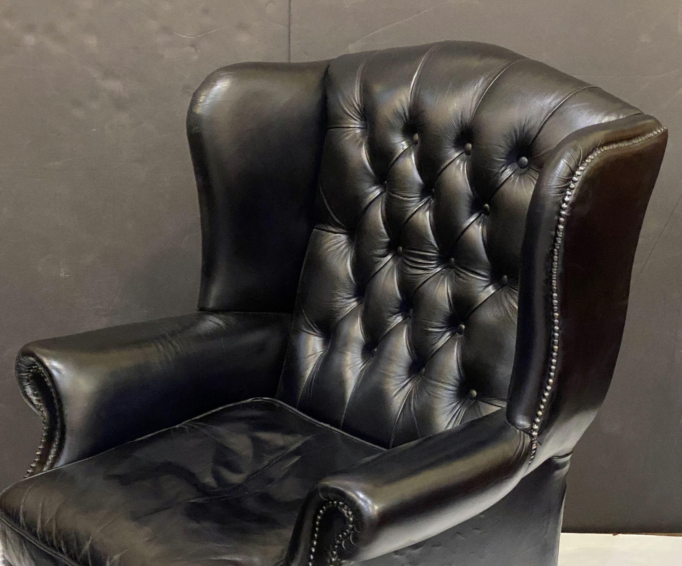 Large English Wing Back Chair of Black Leather in the George III Style For Sale 5