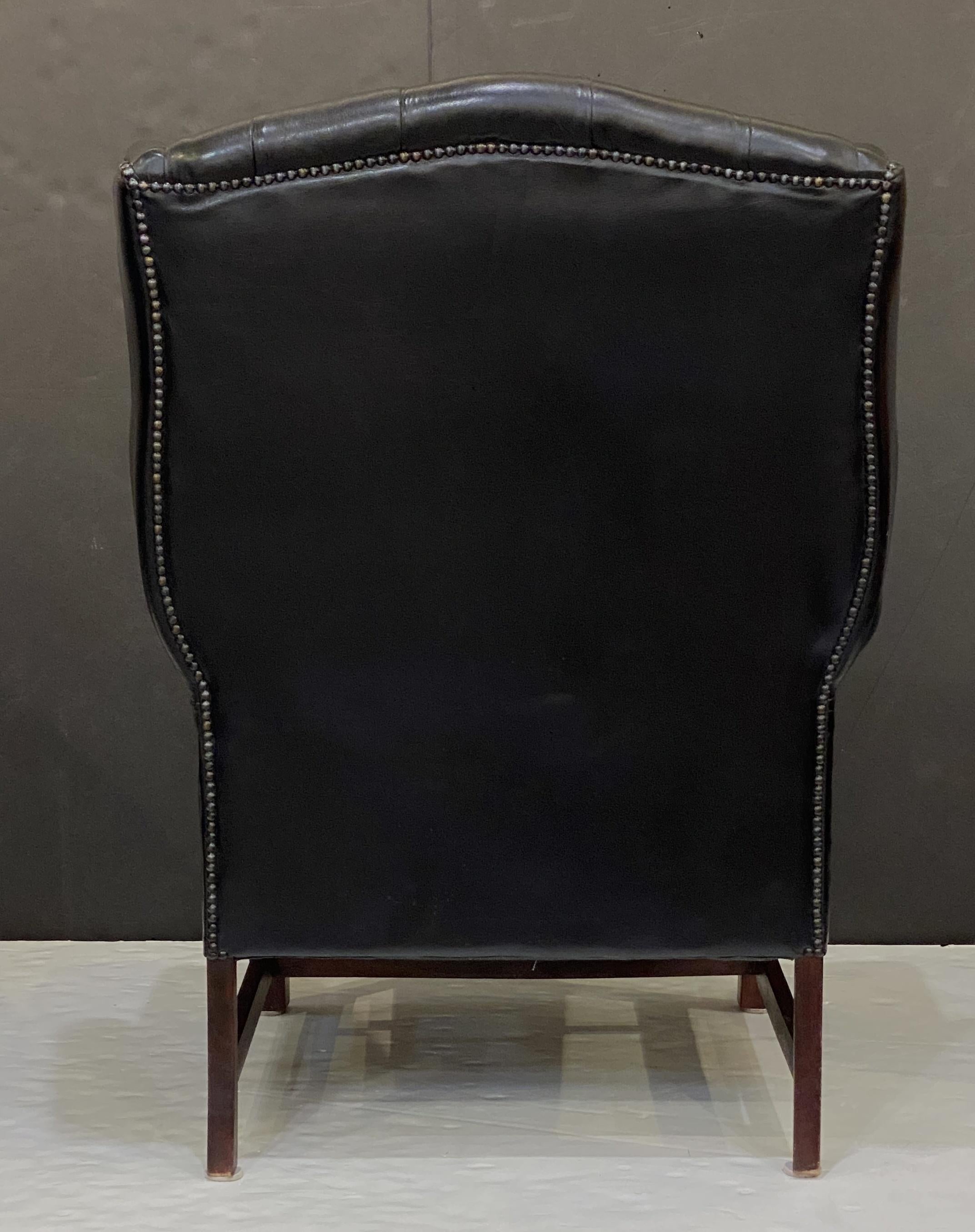 Large English Wing Back Chair of Black Leather in the George III Style For Sale 6
