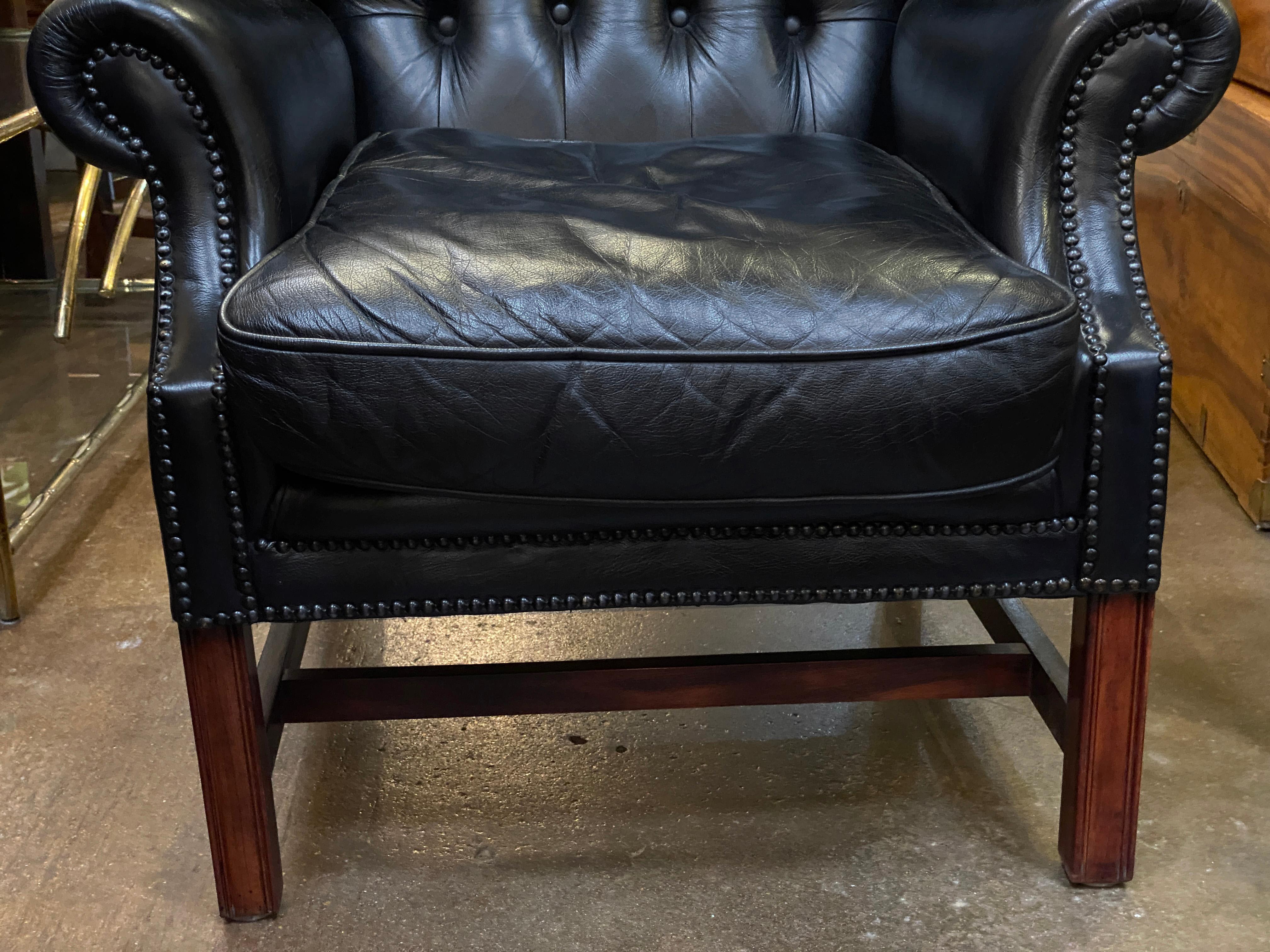 Large English Wing Back Chair of Black Leather in the George III Style For Sale 7