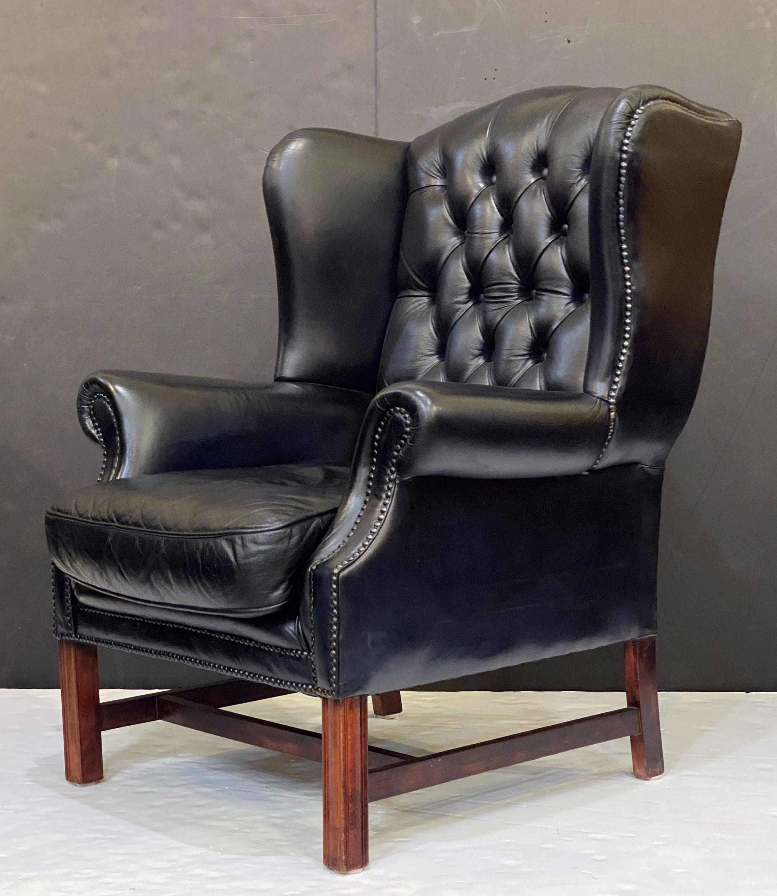 Metal Large English Wing Back Chair of Black Leather in the George III Style For Sale