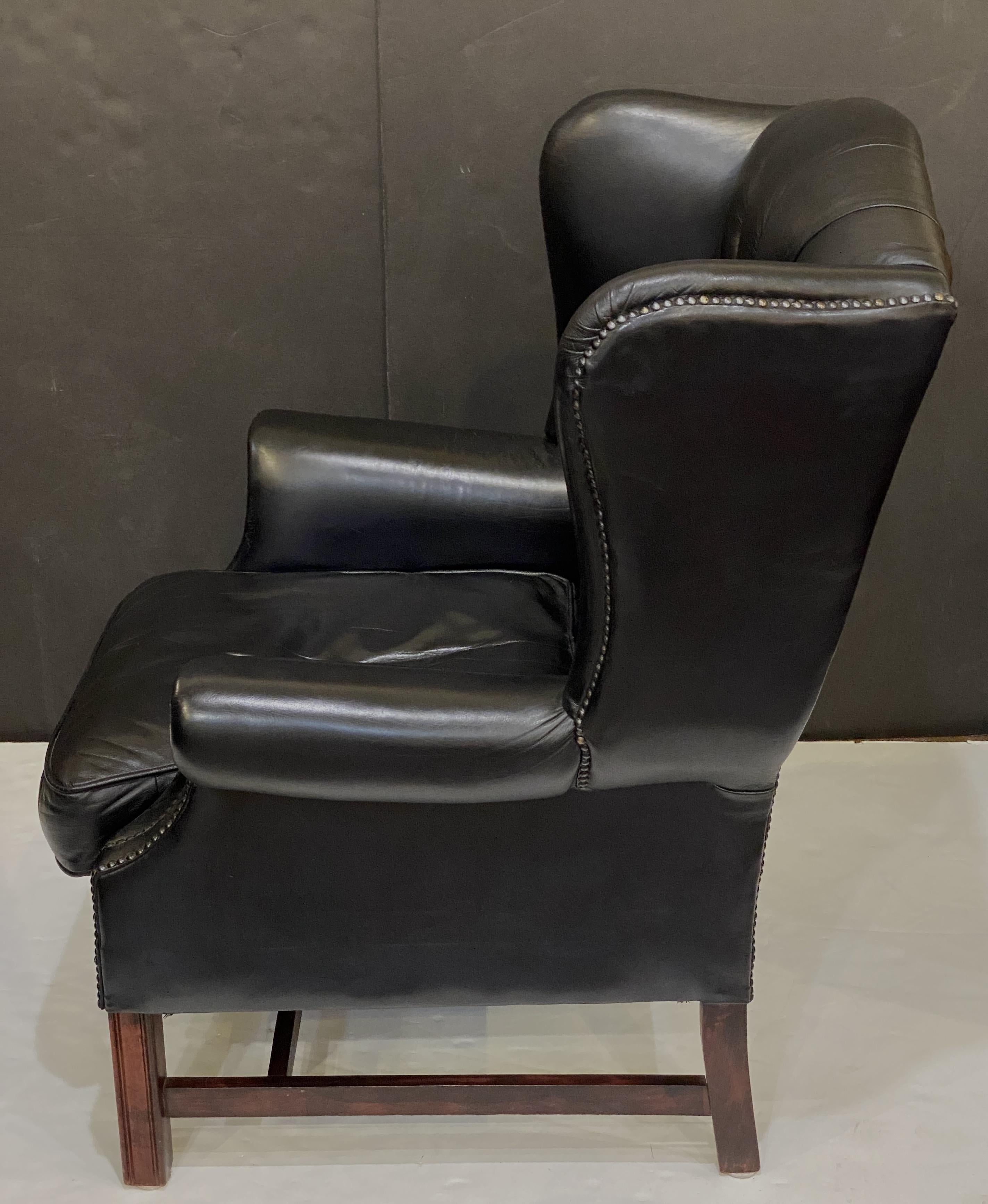 Large English Wing Back Chair of Black Leather in the George III Style For Sale 1