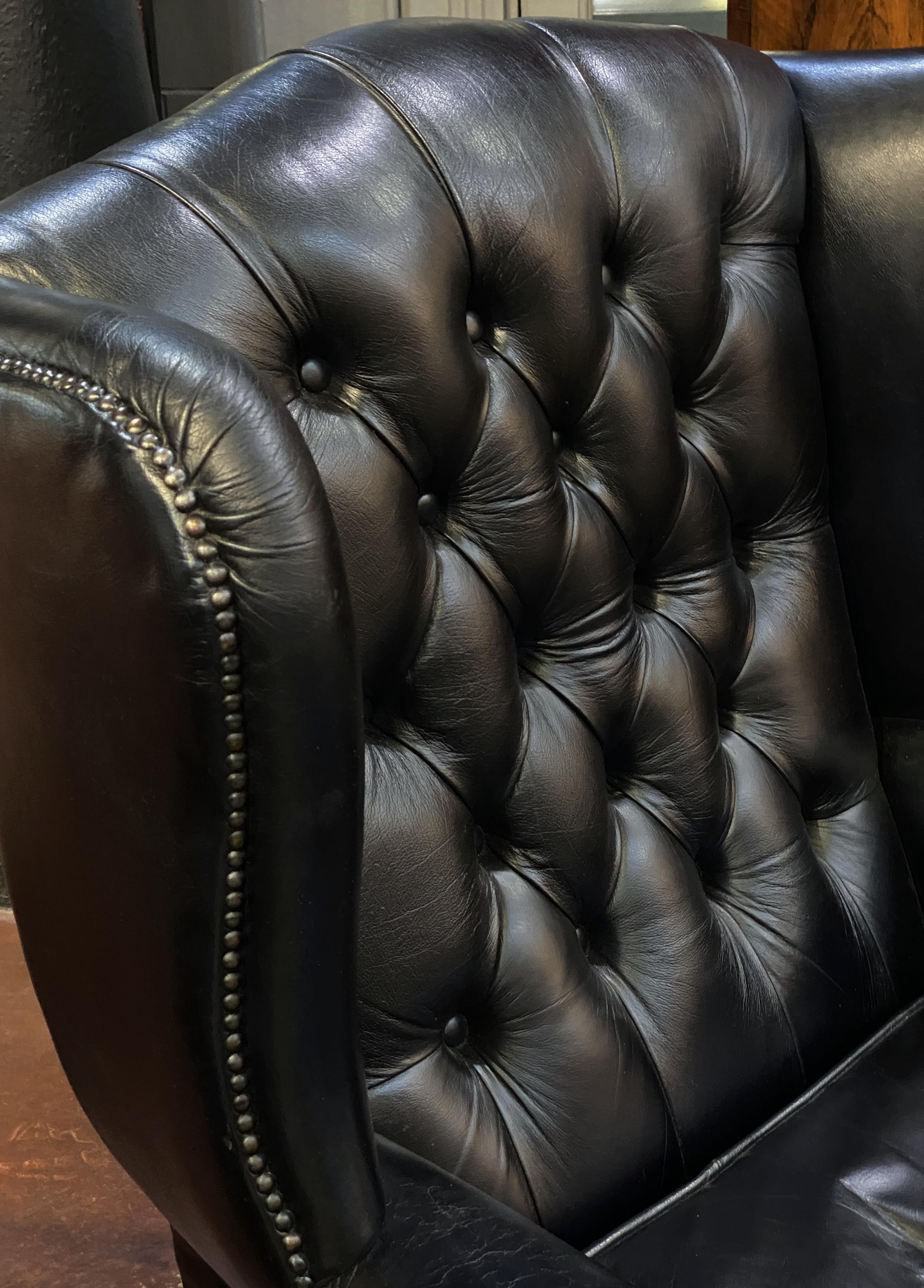 Large English Wing Back Chair of Black Leather in the George III Style For Sale 2