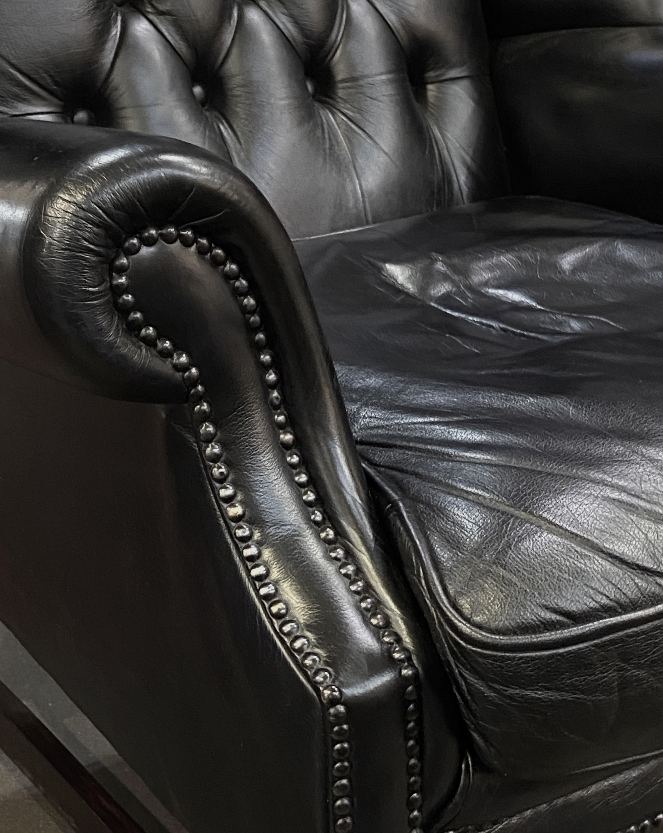 Large English Wing Back Chair of Black Leather in the George III Style For Sale 3