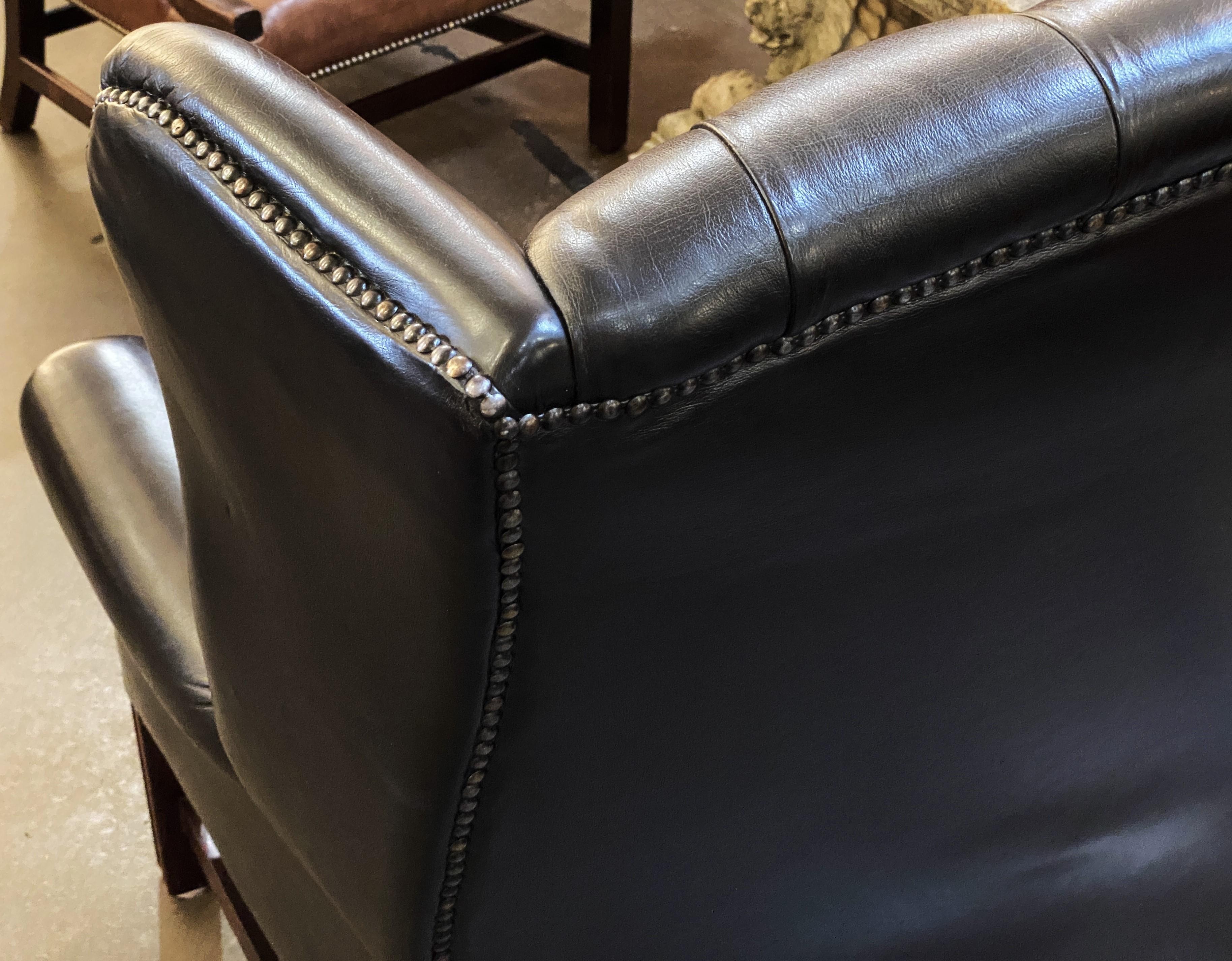 Large English Wing Back Chair of Black Leather in the George III Style For Sale 4
