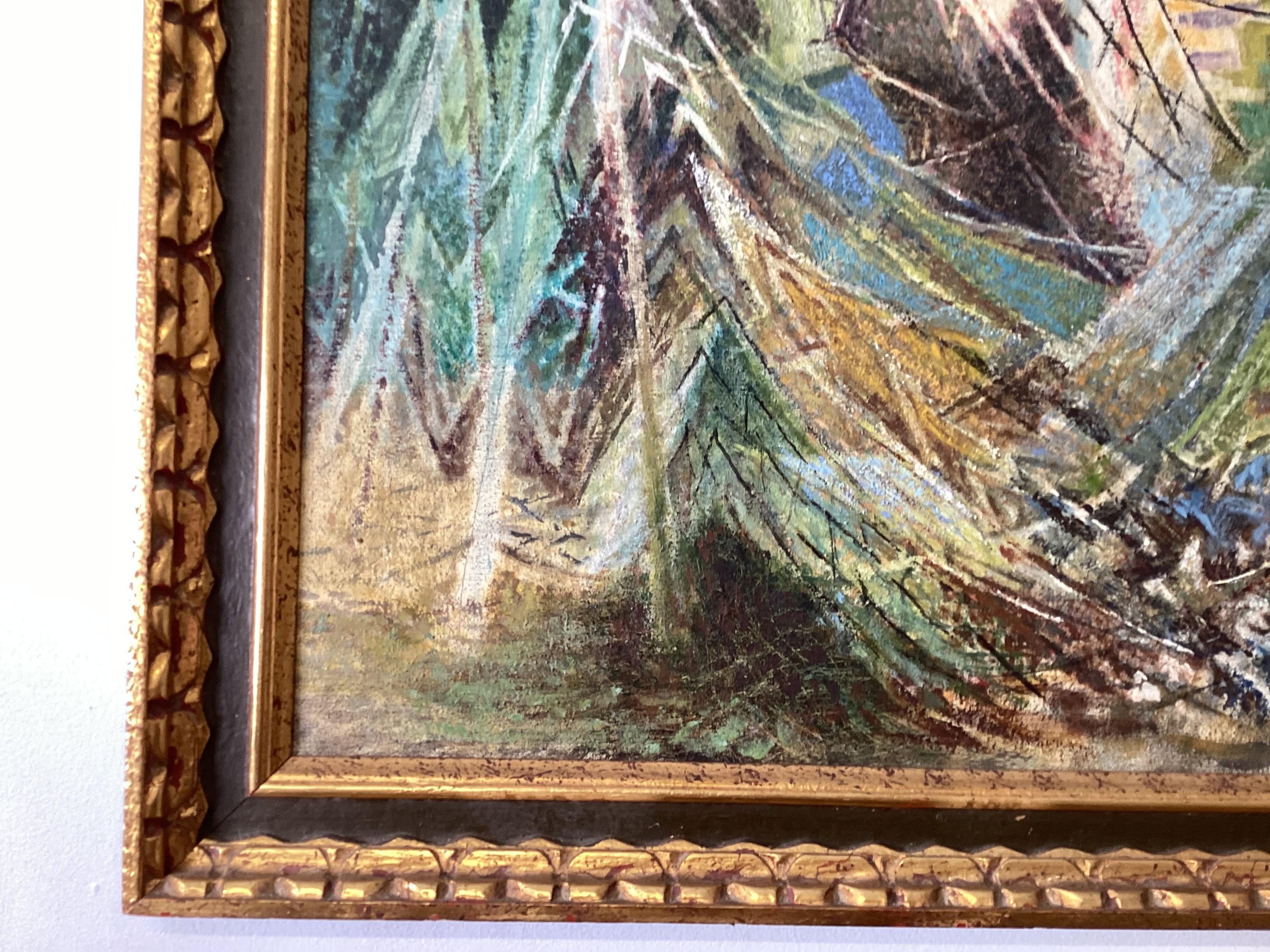 A mid 20th Century Abstract oil painting by Raphael Sabatini (1898-1985) The vibrant painting is on canvas and then laid to board in original giltwood frame.  
A painter, educator and sculptor, Raphael Sabatini was born November 26, 1898 in Melrose