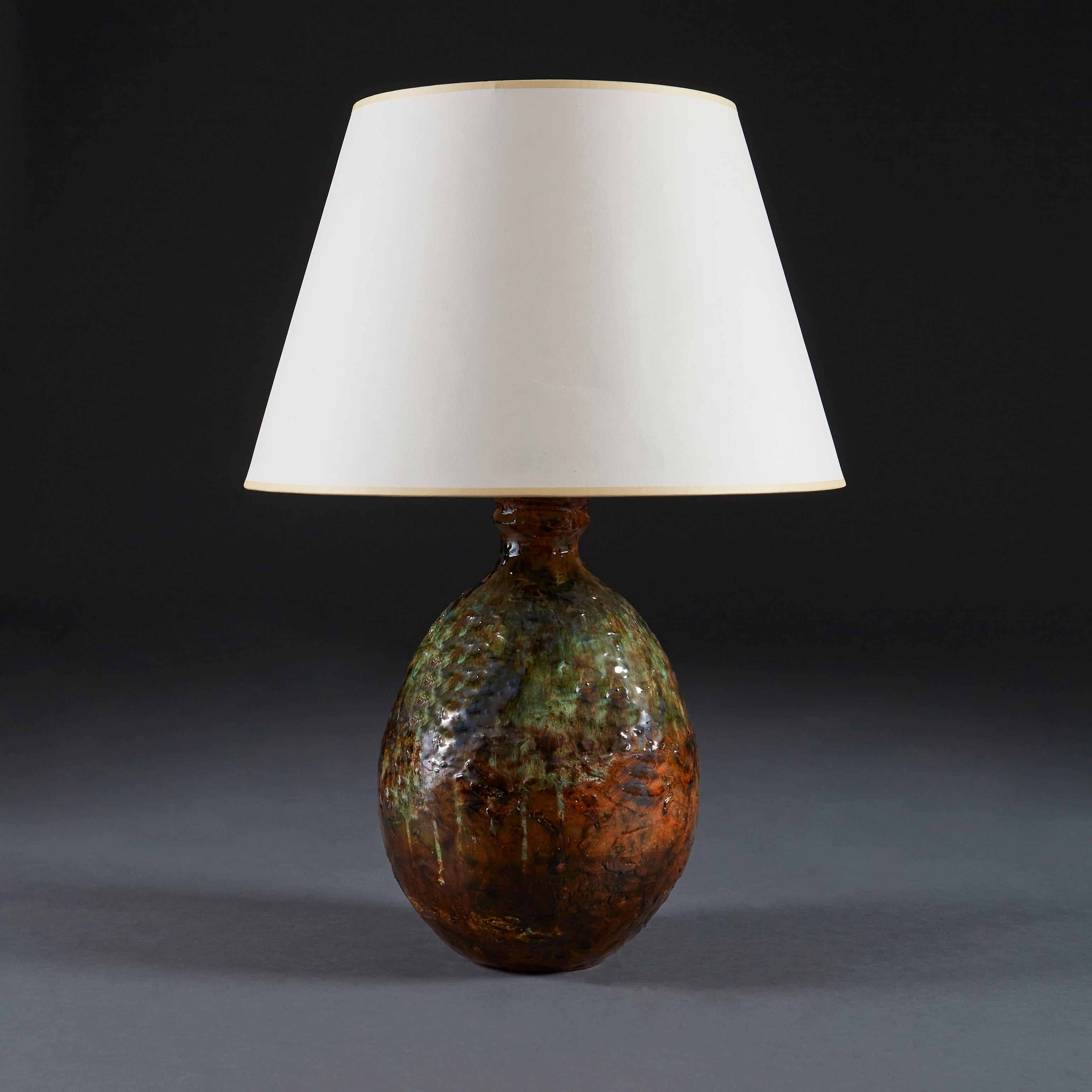 Glazed Mid-20th Century Art Pottery Vase as a Table Lamp with Green and Brown Glaze
