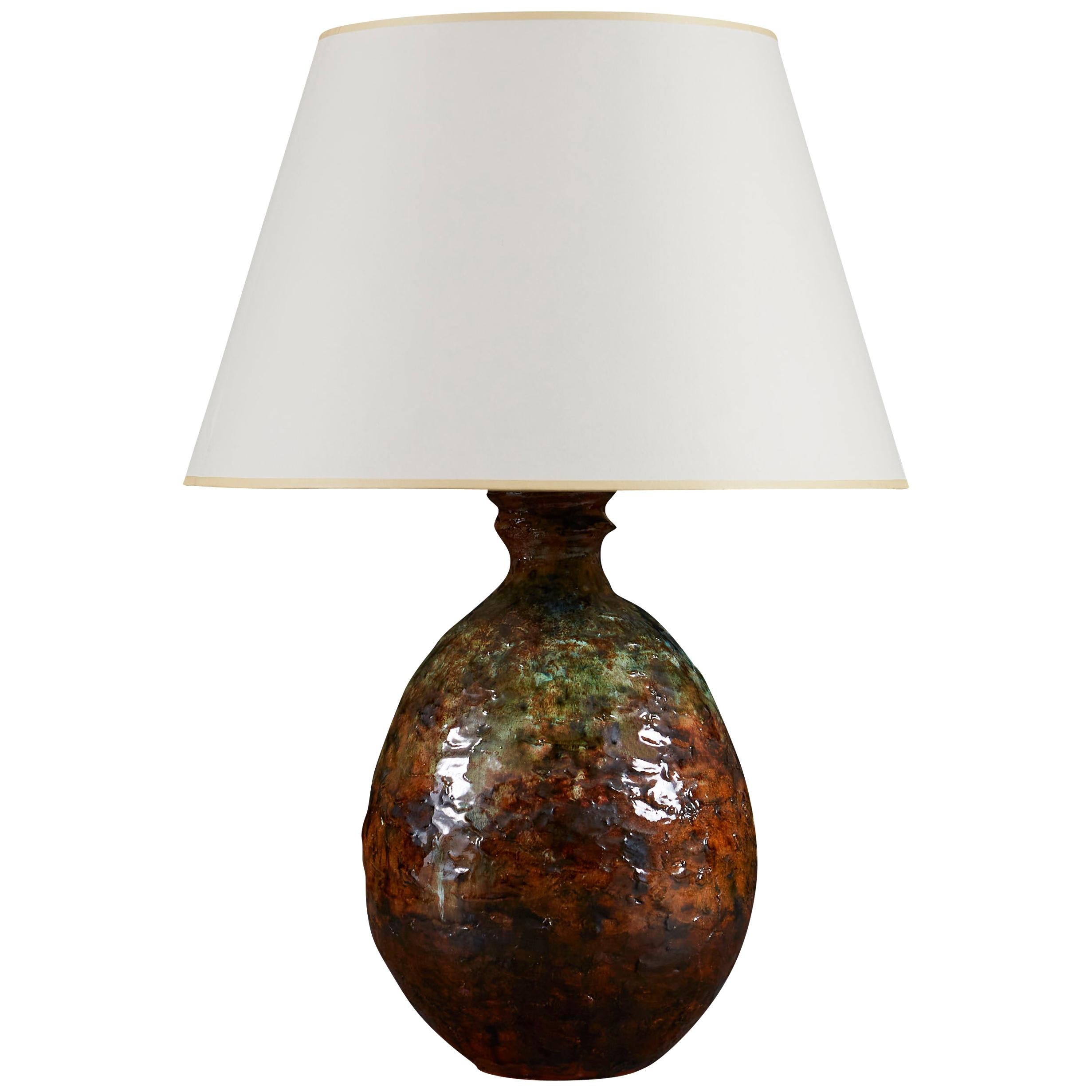 Mid-20th Century Art Pottery Vase as a Table Lamp with Green and Brown Glaze