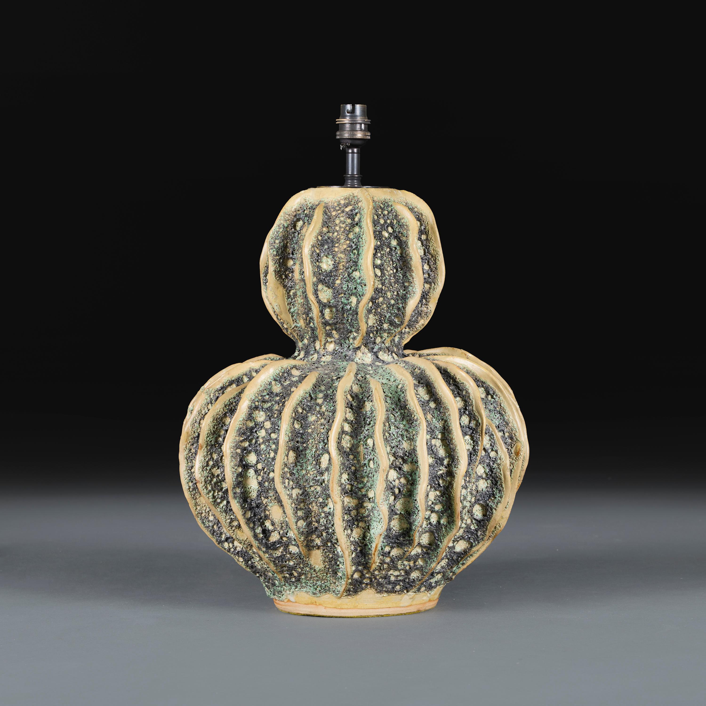 French A Mid-20th Century Cactus Gourd Lamp with Volcanic Glaze For Sale