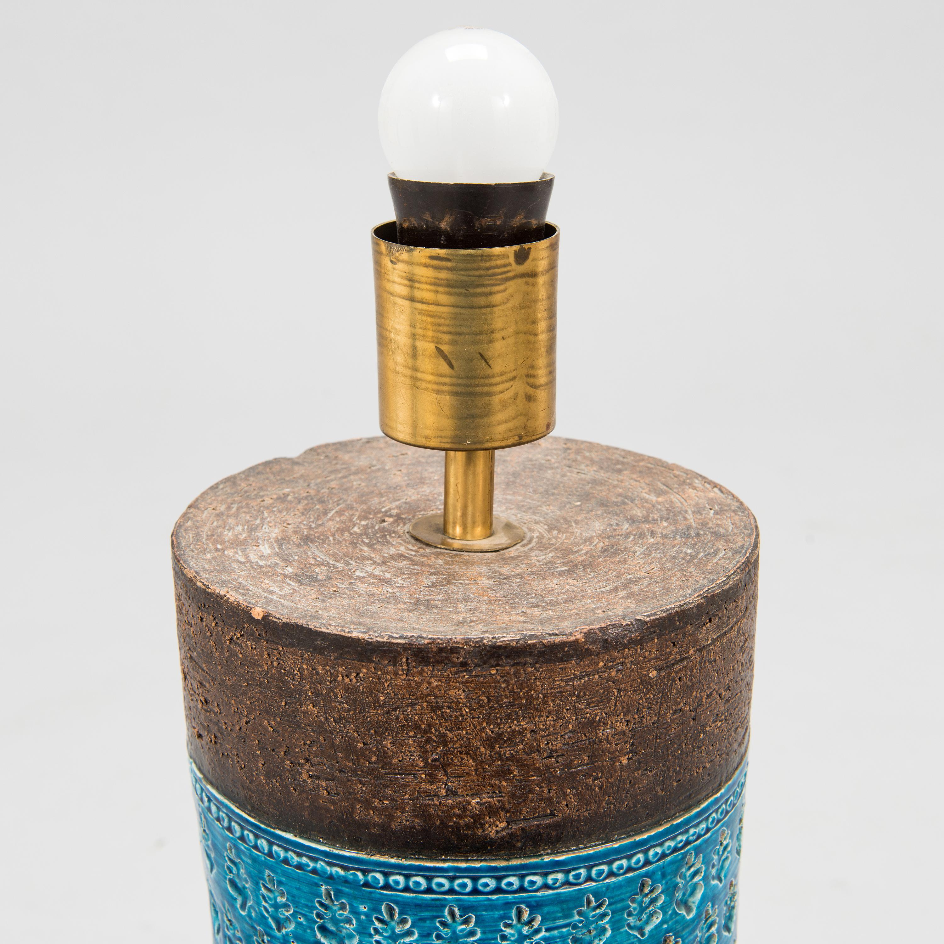 Aldo Londi Table  Lamp for Bitossi  ceramic with Turquoise glazing made in  Italy around 1960
Height of the ceramic body incl.socket: 54 cm. Total height 87 cm; Diameter of the shade 41 cm.
Good condition