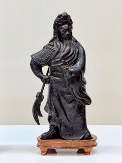 A Mid 20th Century Chinese Cast Bronze Statue of Guan Yu with Guandao on Stand