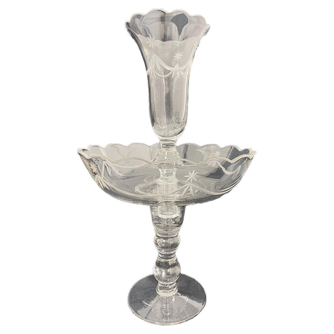 Epergne, vase à fleurs en cristal du milieu du 20e siècle