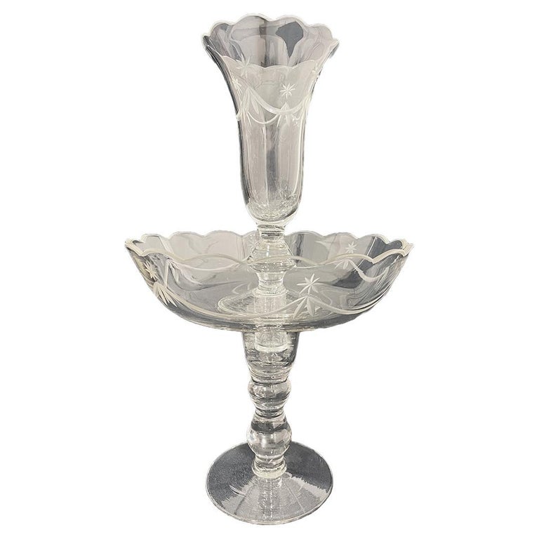 Mid20th Century Crystal Footed Bowl Epergne, Flower Vase For Sale at