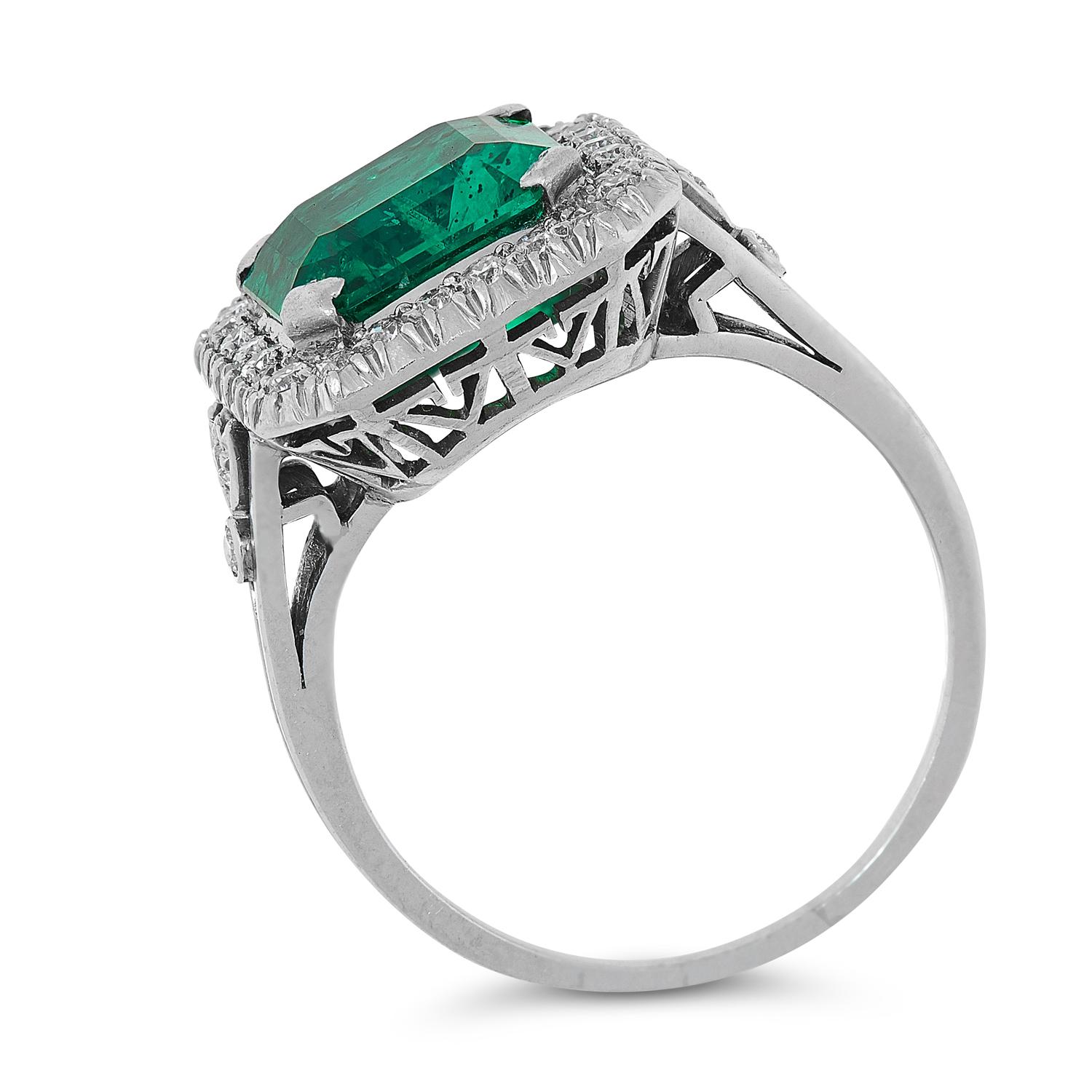 Emerald Cut Vintage GCS Certified 2.84 Carat Columbian Emerald and Diamond Cluster Ring