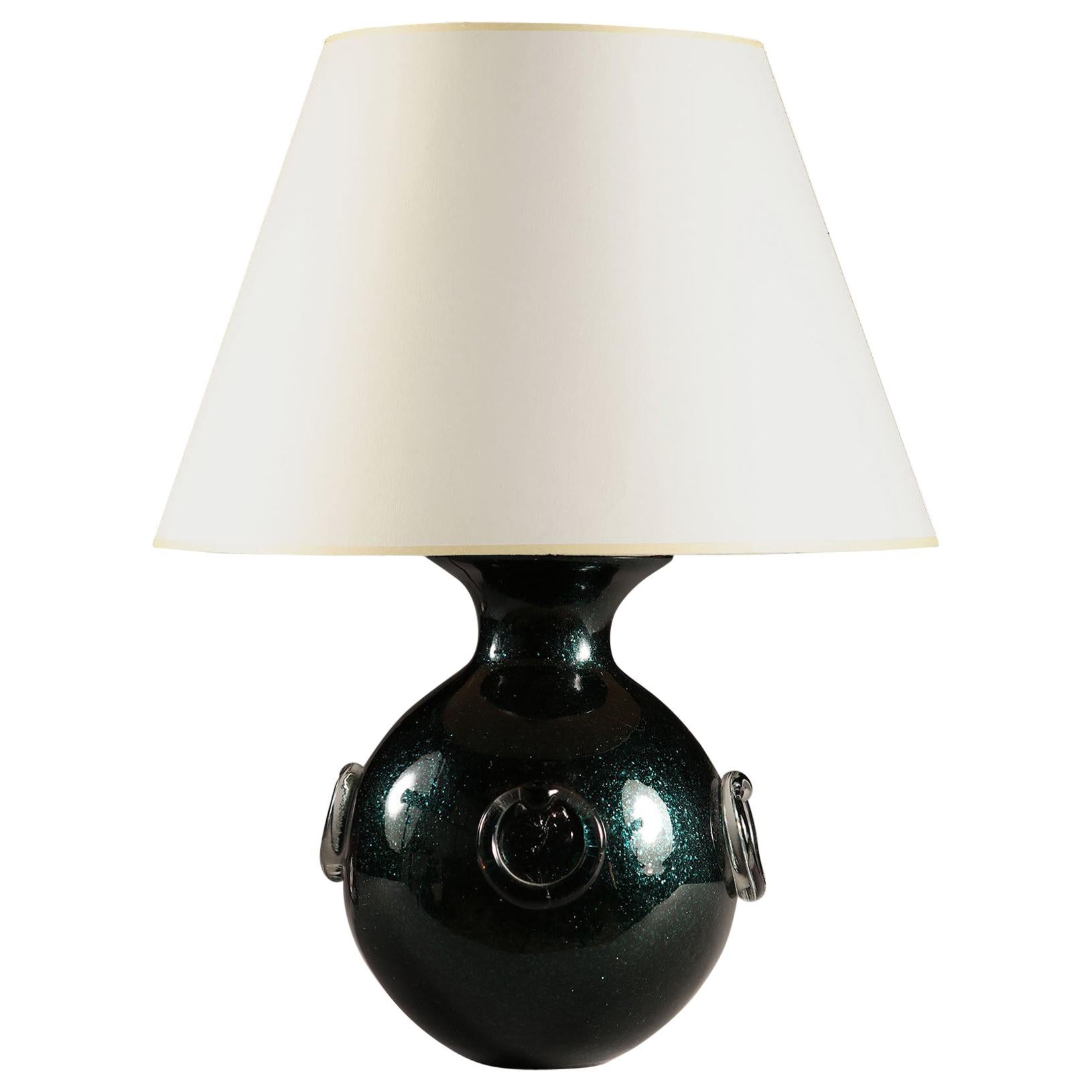 Mid-20th Century Iridescent Dark Green Italian Murano Glass Ball Table Lamp