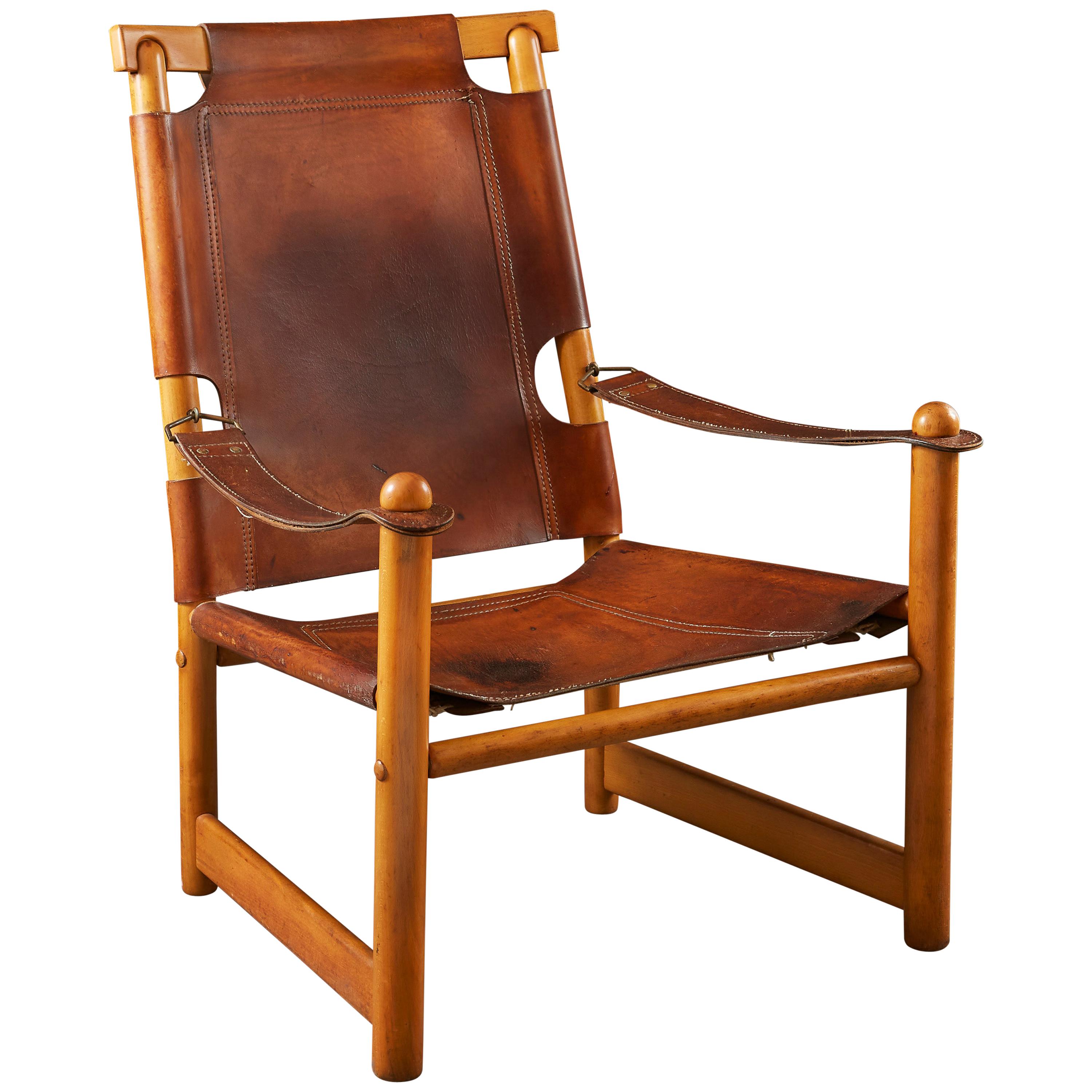 Mid-20th Century Italian Leather and Pine Armchair