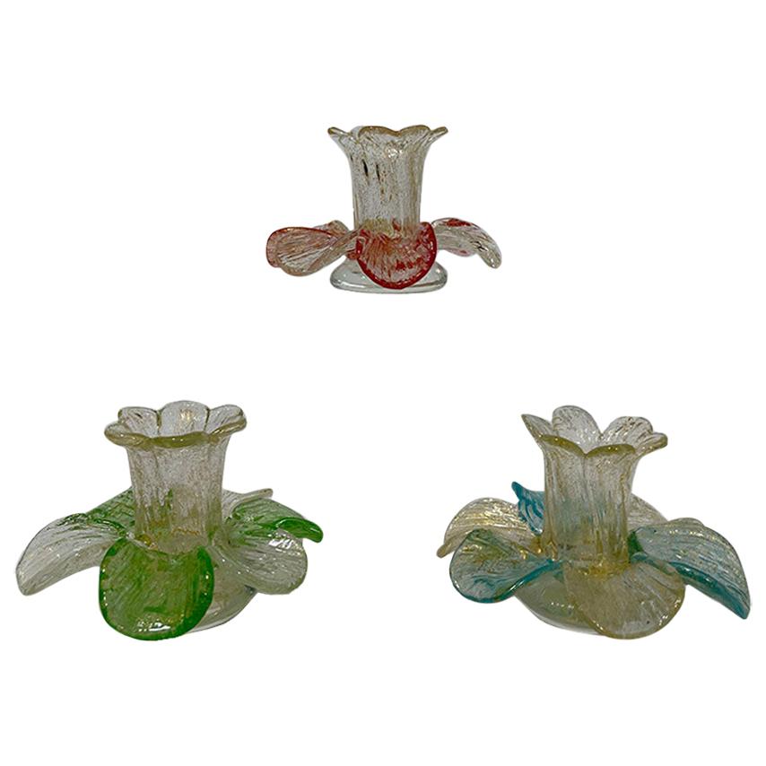 Mid-20th Century Italian Murano Gold Flake Candleholders in Flower Shape For Sale