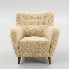 Mid-20th Century Lounge Chair with New Sheepskin Upholstery, Denmark