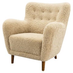 Mid-20th Century Lounge Chair with New Sheepskin Upholstery, Denmark