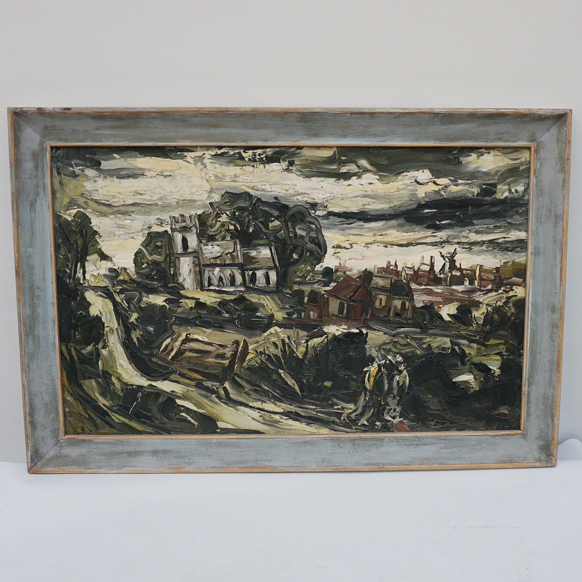 Peinture à l'huile sur panneau du milieu du 20e siècle représentant une scène de village de la campagne anglaise avec un château au premier plan, des maisons et un moulin à vent au loin. Signé en bas à gauche et daté 1936. Artiste