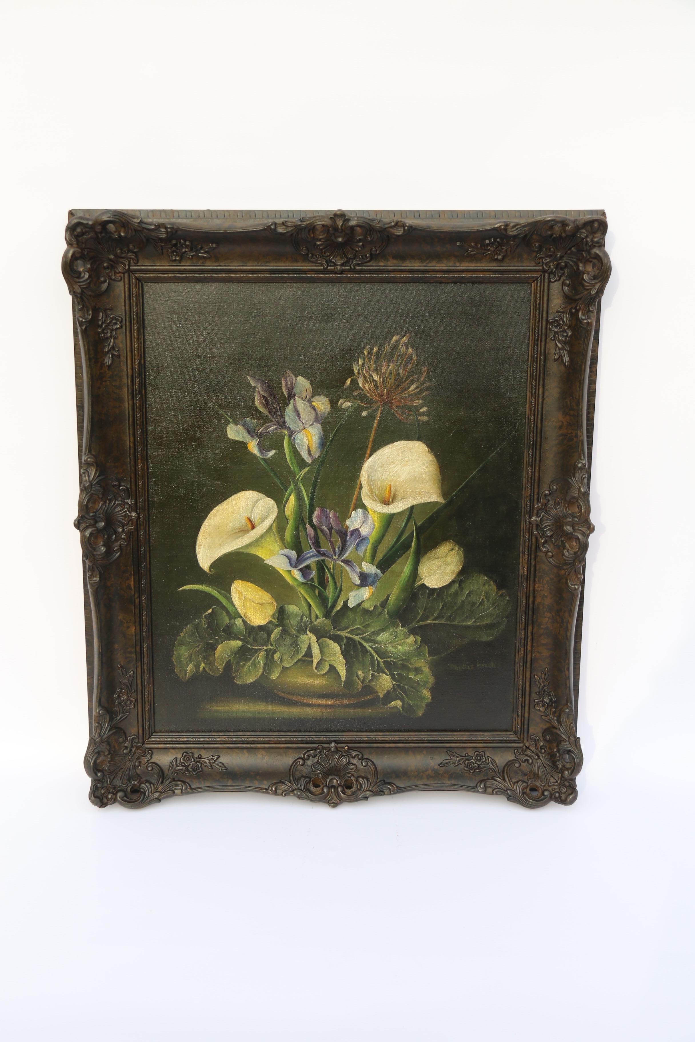 ,
This highly decorative mid 20th century oil on canvas follows the influence of the early 16th century Dutch artists with its dark atmospheric background and vibrant still life display of interesting flowers and foliage which include irises.,