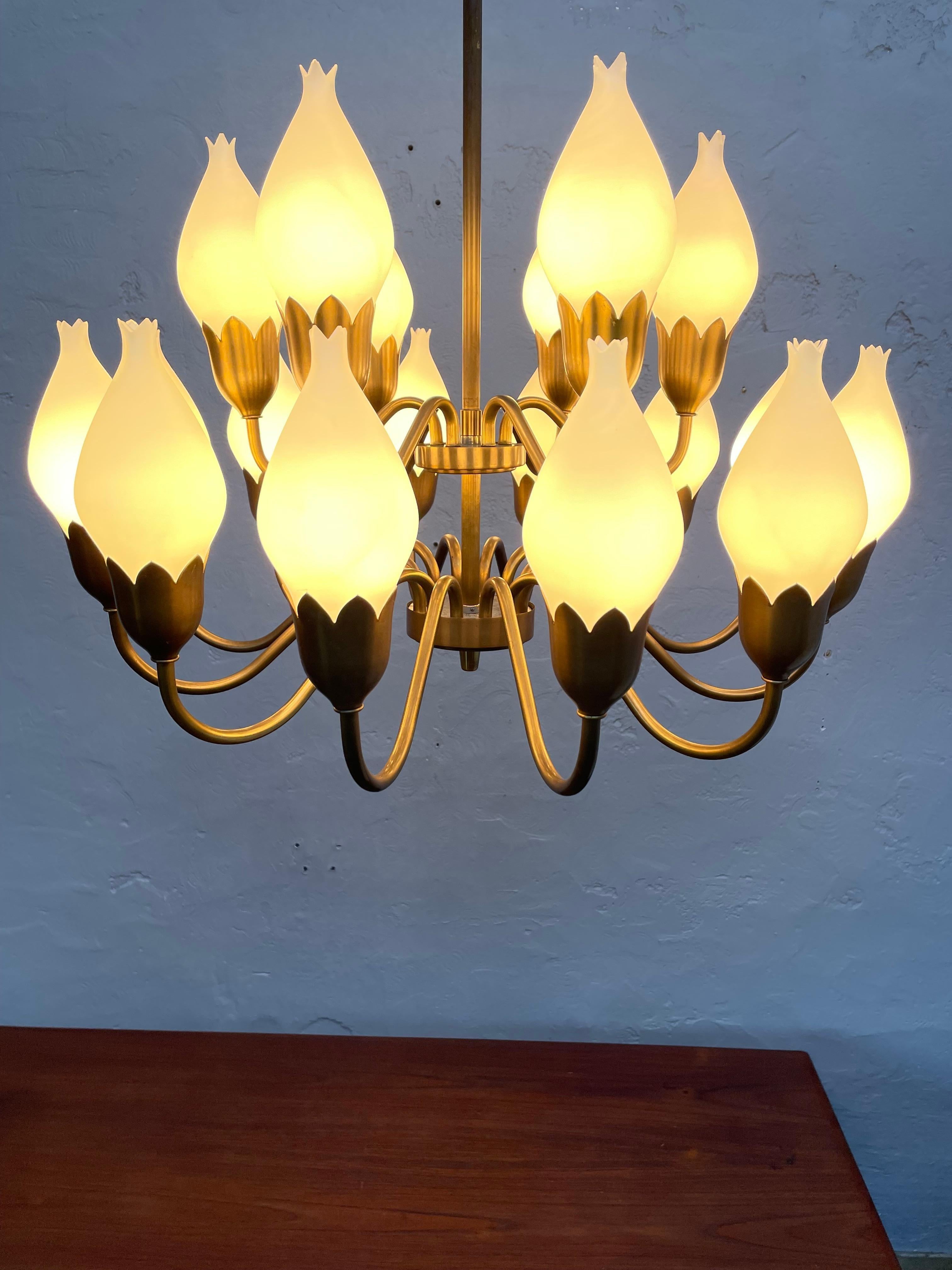 Mid-Century Modern A Mid Century 18 Arm Tulip Pendant Chandelier By Fog and Mørup Of Denmark  For Sale