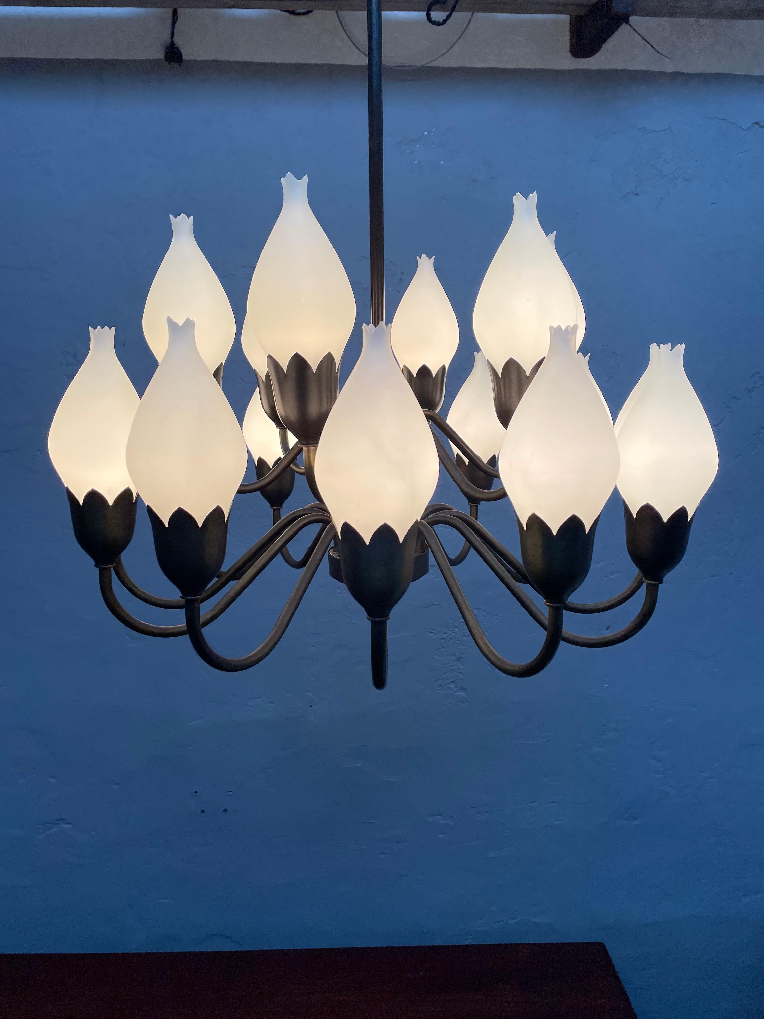 Mid-Century Modern A Mid Century 18 Arm Tulip Pendant Chandelier By Fog and Mørup Of Denmark  For Sale