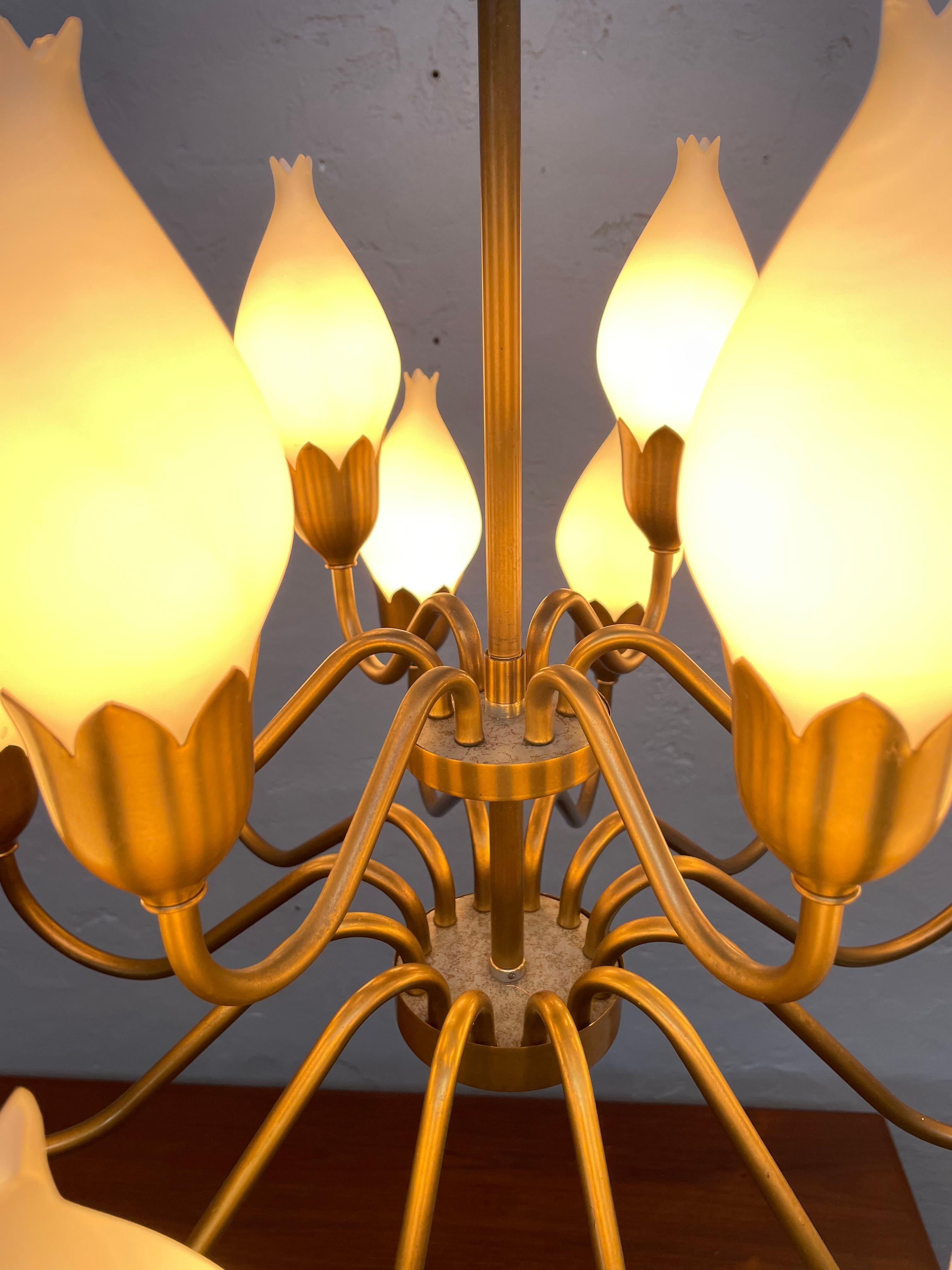 Hand-Crafted A Mid Century 18 Arm Tulip Pendant Chandelier By Fog and Mørup Of Denmark  For Sale