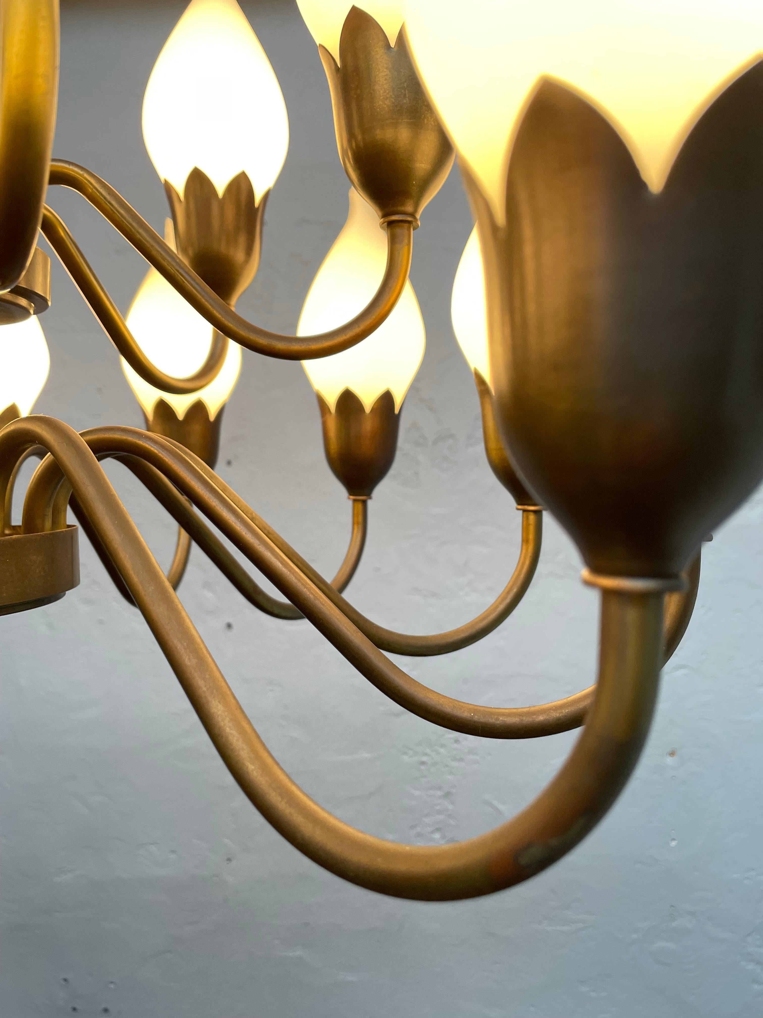 Brass A Mid Century 18 Arm Tulip Pendant Chandelier By Fog and Mørup Of Denmark  For Sale