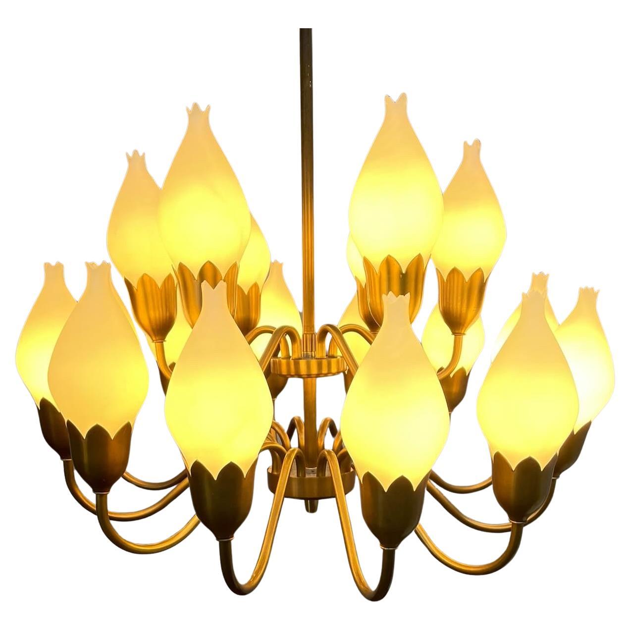A Mid Century 18 Arm Tulip Pendant Chandelier By Fog and Mørup Of Denmark  For Sale