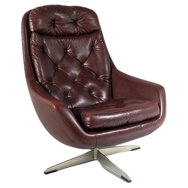 Mid Century 1960s Swivel Egg Chair in Brown Faux Leather in Excellent Order
