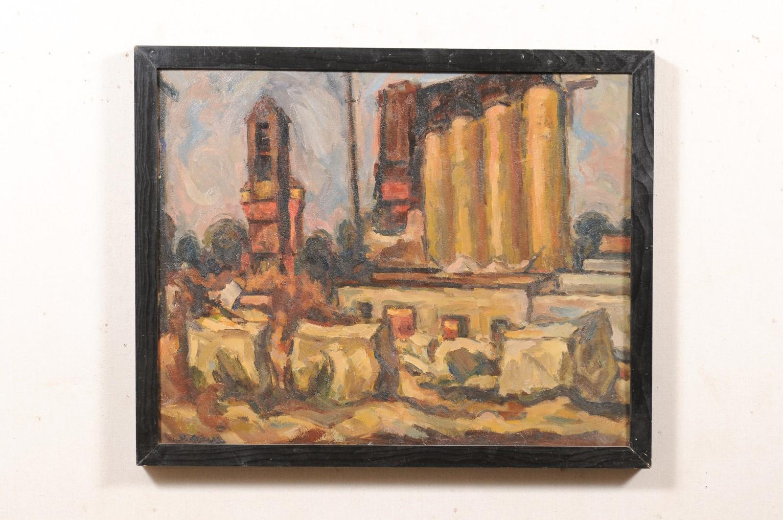 An original abstract landscape oil painting, in wooden frame, from the mid 20th century. This mid-century wall art is an abstract depiction of a town landscape. It bears the American artists signature at bottom left. It is presented in a rustic