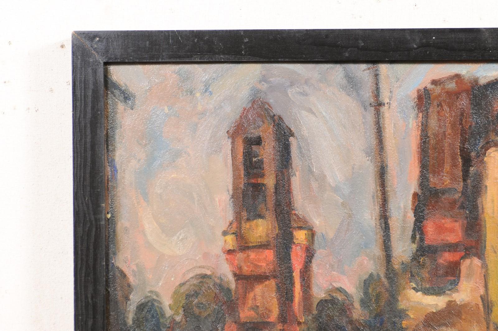 Américain Peinture abstraite du milieu du siècle dernier « Paysage de campagne » dans un cadre rustique en bois noir en vente
