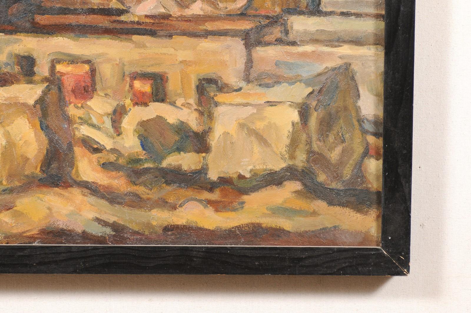 20th Century Mid-Century Abstract Painting 'Town Landscape' in a Rustic Black Wood Frame For Sale