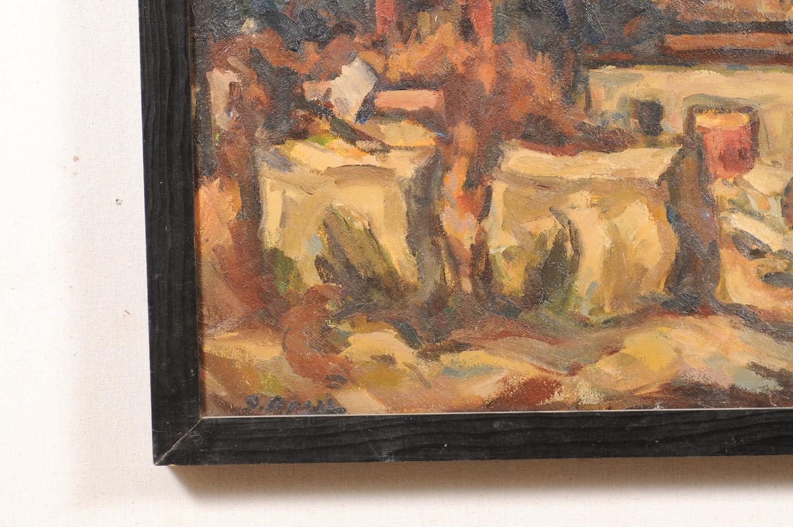 Mid-Century Abstract Painting 'Town Landscape' in a Rustic Black Wood Frame For Sale 1