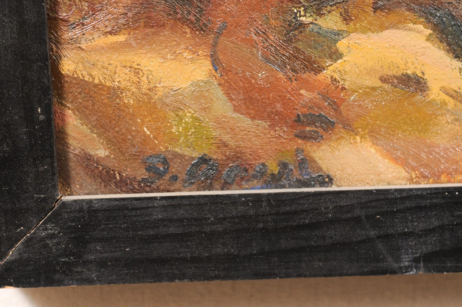 Peinture abstraite du milieu du siècle dernier « Paysage de campagne » dans un cadre rustique en bois noir en vente 1