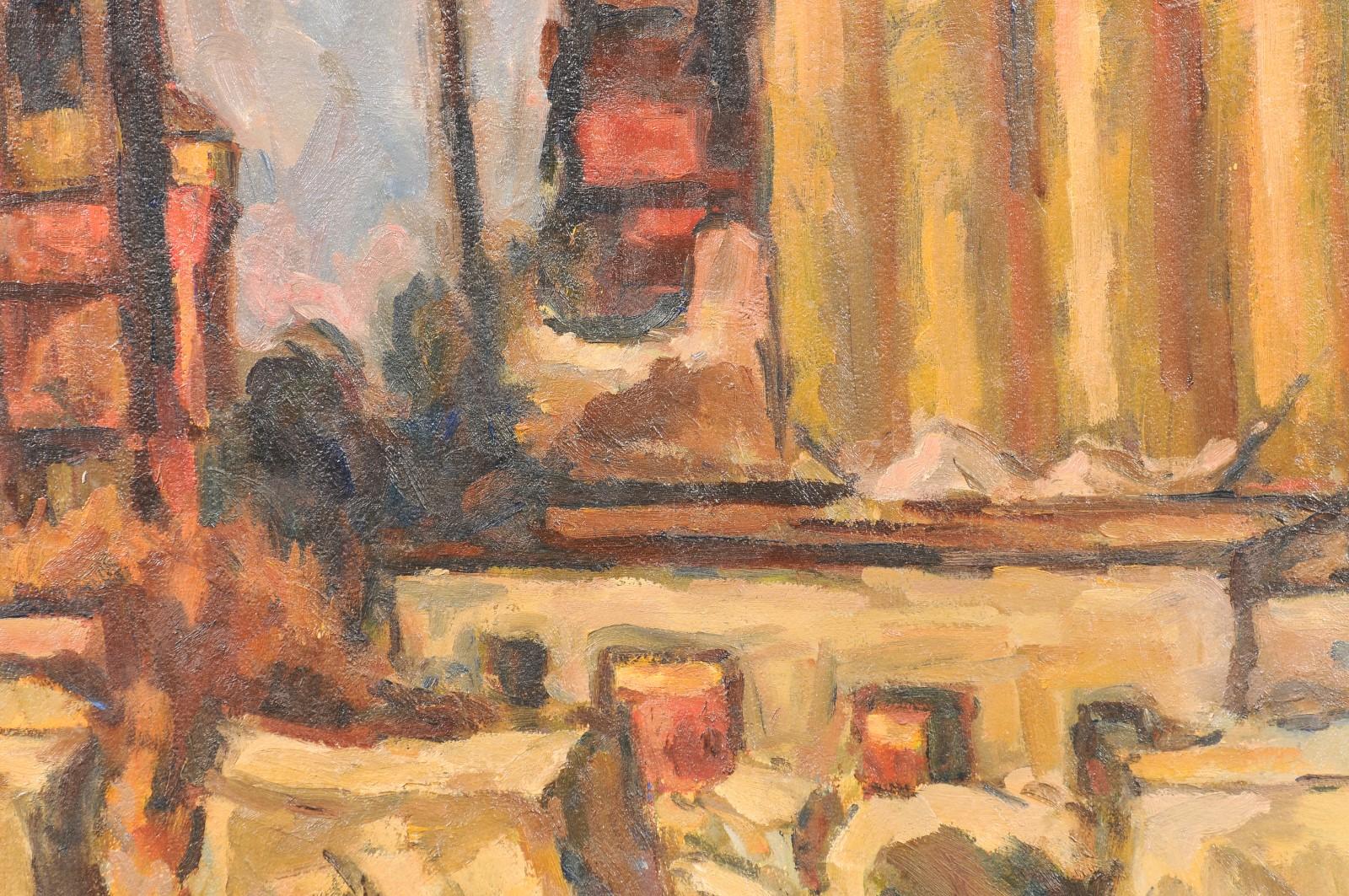 Peinture abstraite du milieu du siècle dernier « Paysage de campagne » dans un cadre rustique en bois noir en vente 2