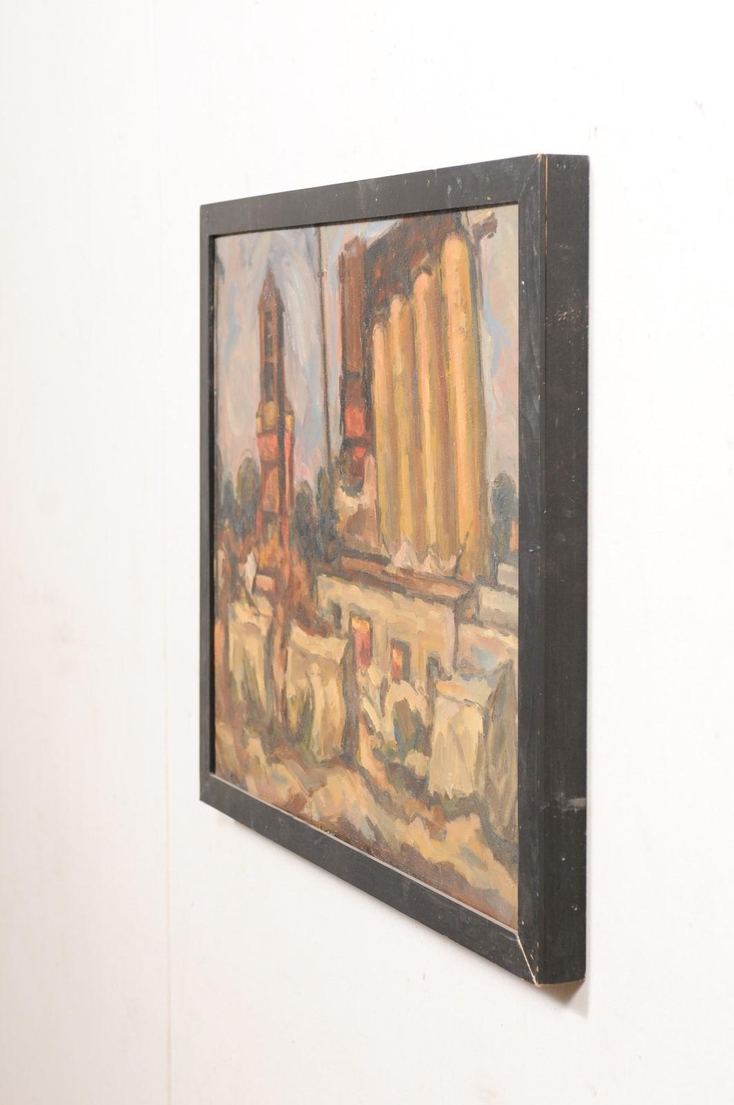 Peinture abstraite du milieu du siècle dernier « Paysage de campagne » dans un cadre rustique en bois noir en vente 3