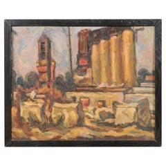 Quadro astratto di metà secolo "Paesaggio urbano" in una cornice rustica di Wood Wood