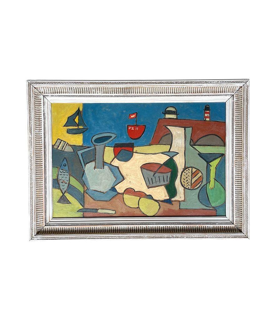 Paint Mid Century Abstract Still Life, Set Against a Harbour Backdrop For Sale