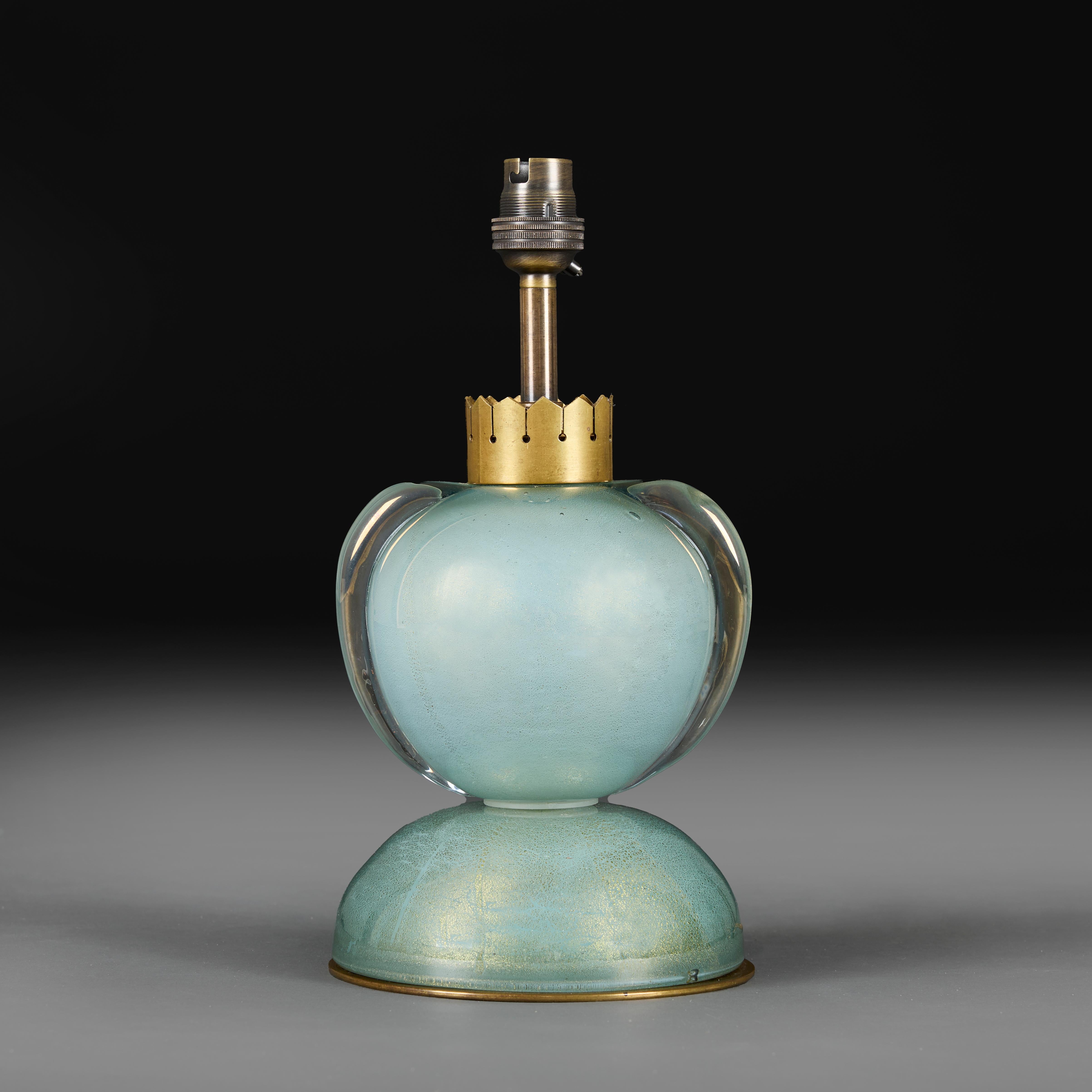 Italian A Mid-Century Aquamarine Blue and Gold Murano Glass Lamp