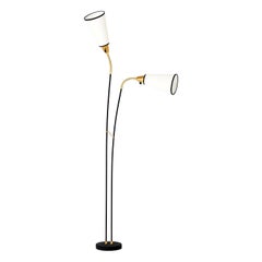 Midcentury Black Enameled Iron and Brass Two Armed Reading Floor Lamp